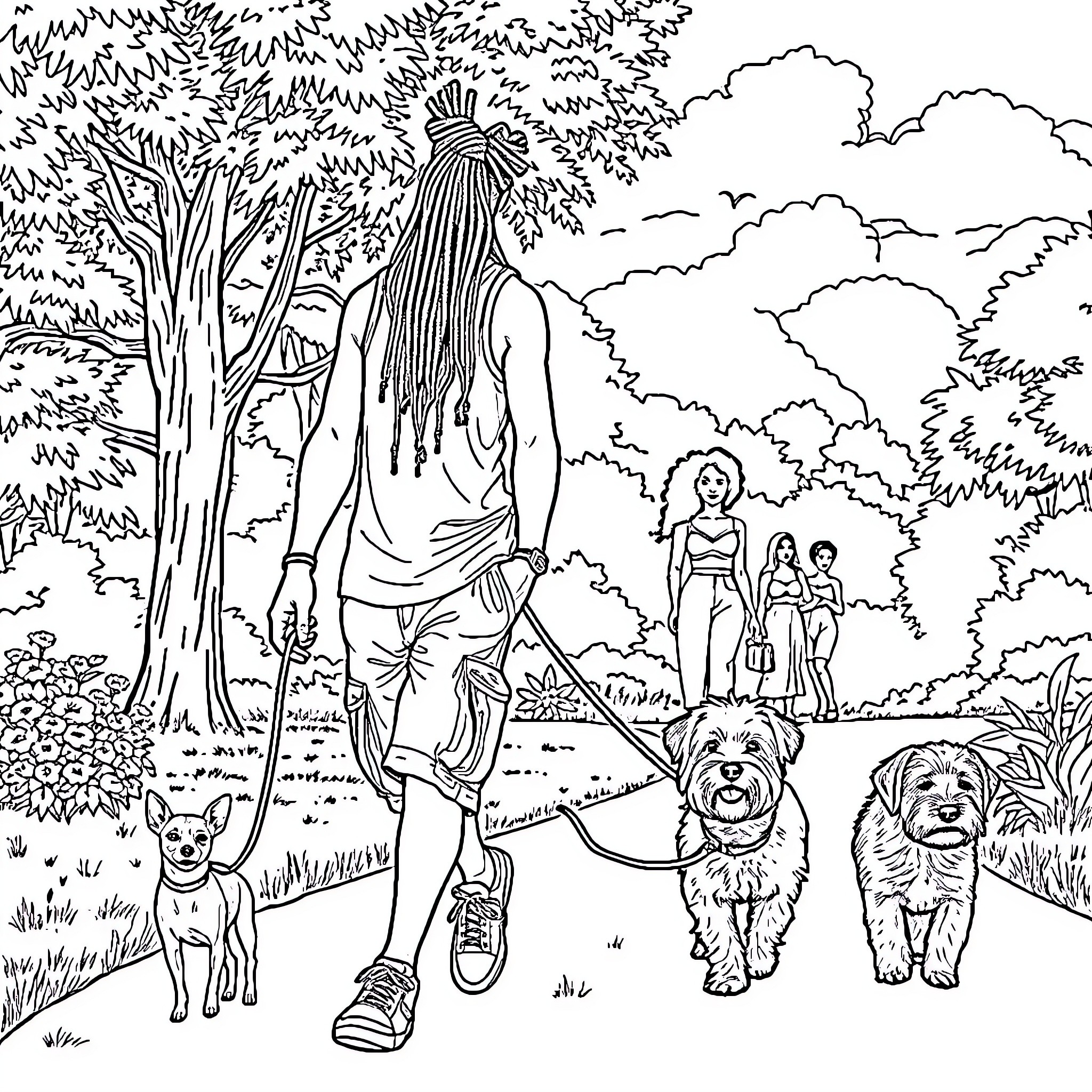 Man walking dogs in lush natural setting Coloring Page (free black-and-white line drawing printable PDF for all, from beginners to advanced learners, including children, teens, adults, and seniors)