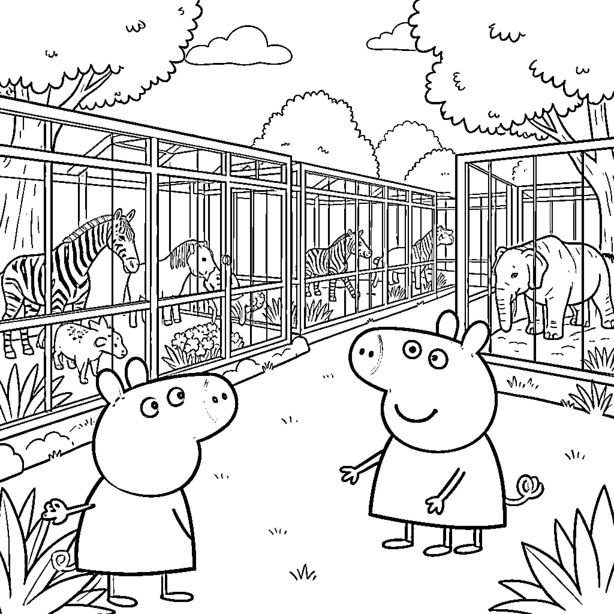 Peppa Pig visiting animals at the zoo Coloring Page (free black-and-white line drawing printable PDF for all, from beginners to advanced learners, including children, teens, adults, and seniors)