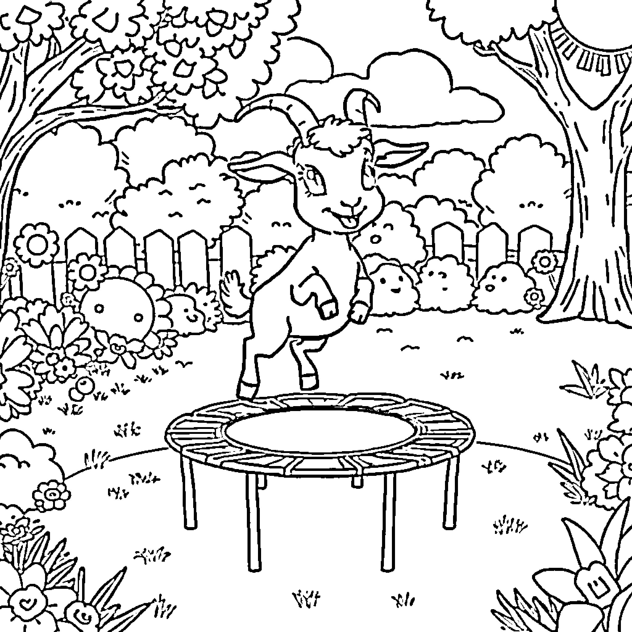 Baba bouncing happily on a trampoline in a garden Coloring Page (free black-and-white line drawing printable PDF for all, from beginners to advanced learners, including children, teens, adults, and seniors)
