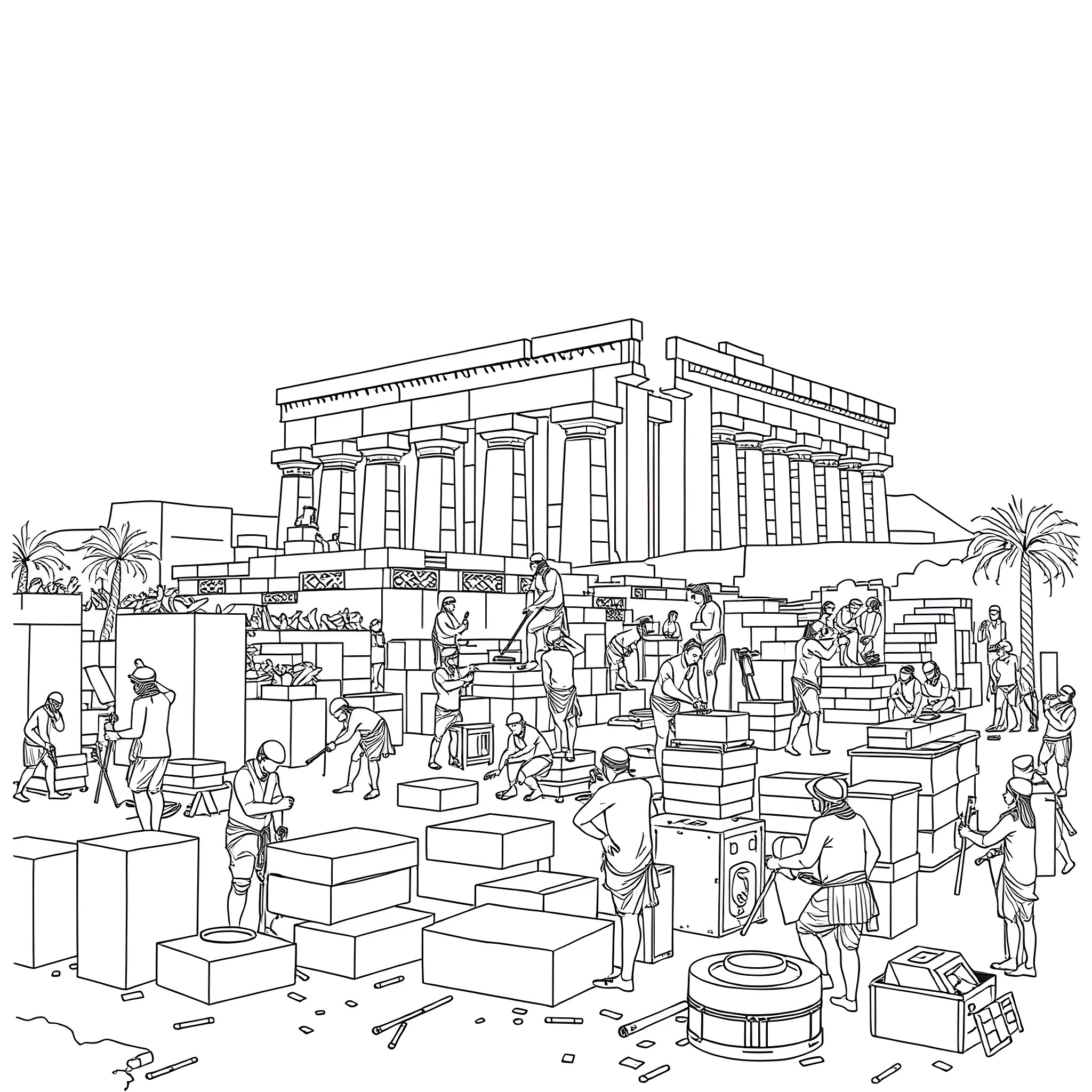 Ancient People in a Bustling Marketplace Coloring Page (free black-and-white line drawing printable PDF for all, from beginners to advanced learners, including children, teens, adults, and seniors)