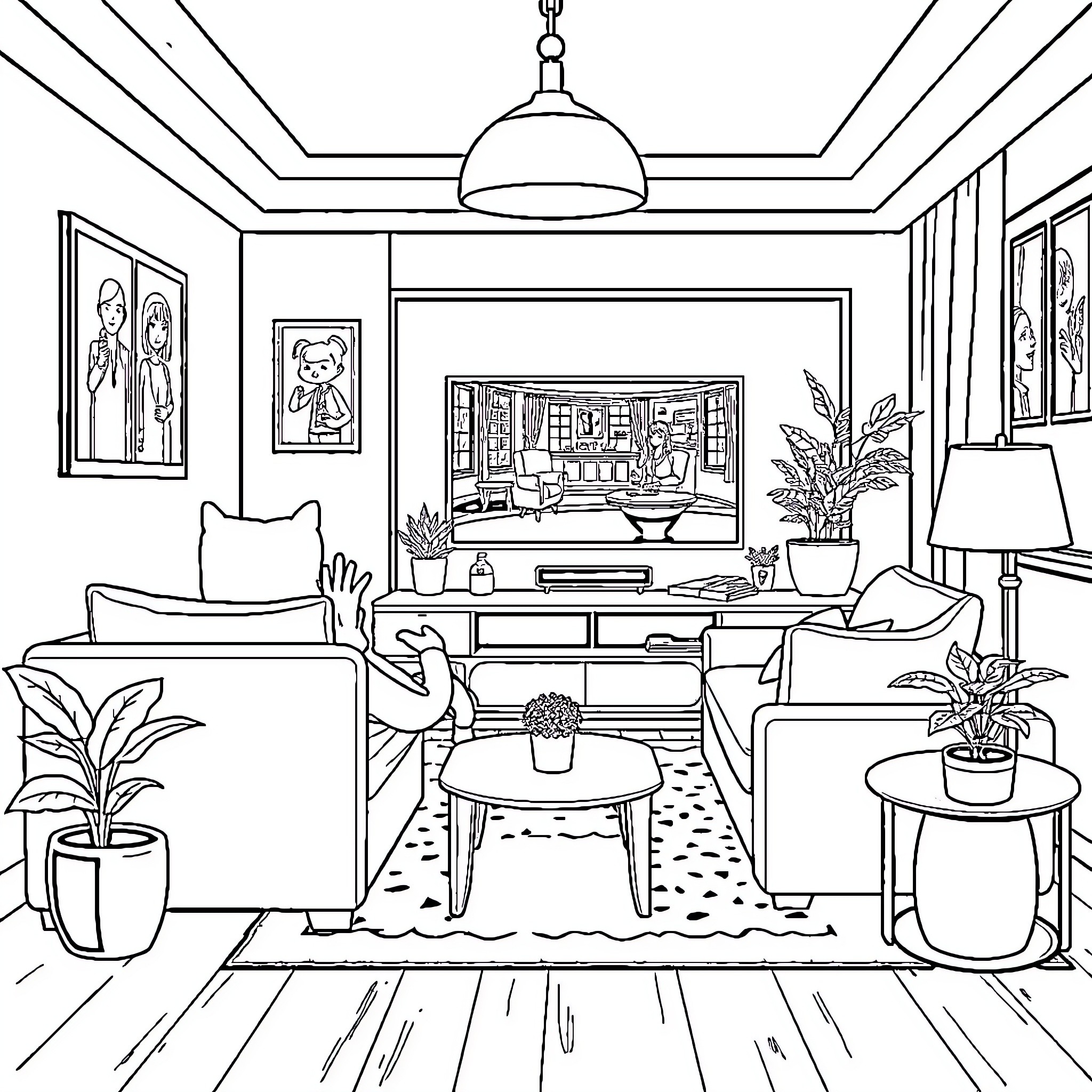 Karakter Kartun Cozy Living Room with Furniture and Decor Coloring Page (free black-and-white line drawing printable PDF for all, from beginners to advanced learners, including children, teens, adults, and seniors)