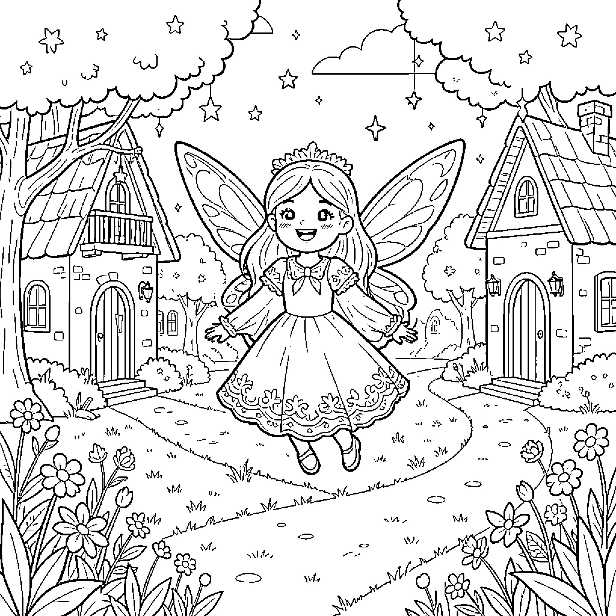 Fairy girl dancing joyfully in a magical landscape Coloring Page (free black-and-white line drawing printable PDF for all, from beginners to advanced learners, including children, teens, adults, and seniors)
