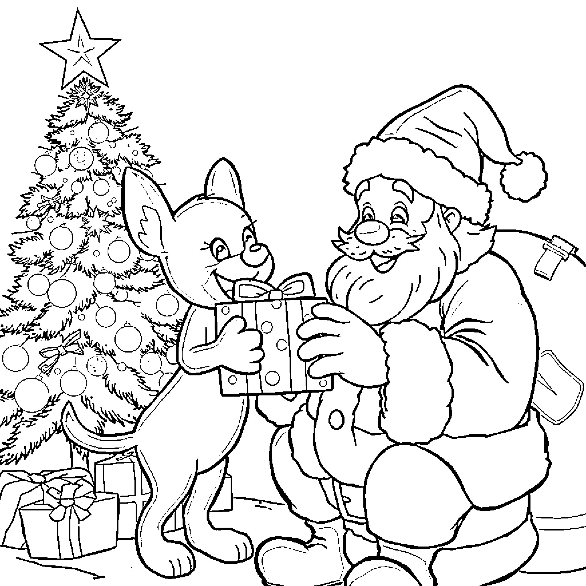 Bluey and Santa Celebrating Christmas Together Coloring Page (free black-and-white line drawing printable PDF for all, from beginners to advanced learners, including children, teens, adults, and seniors)