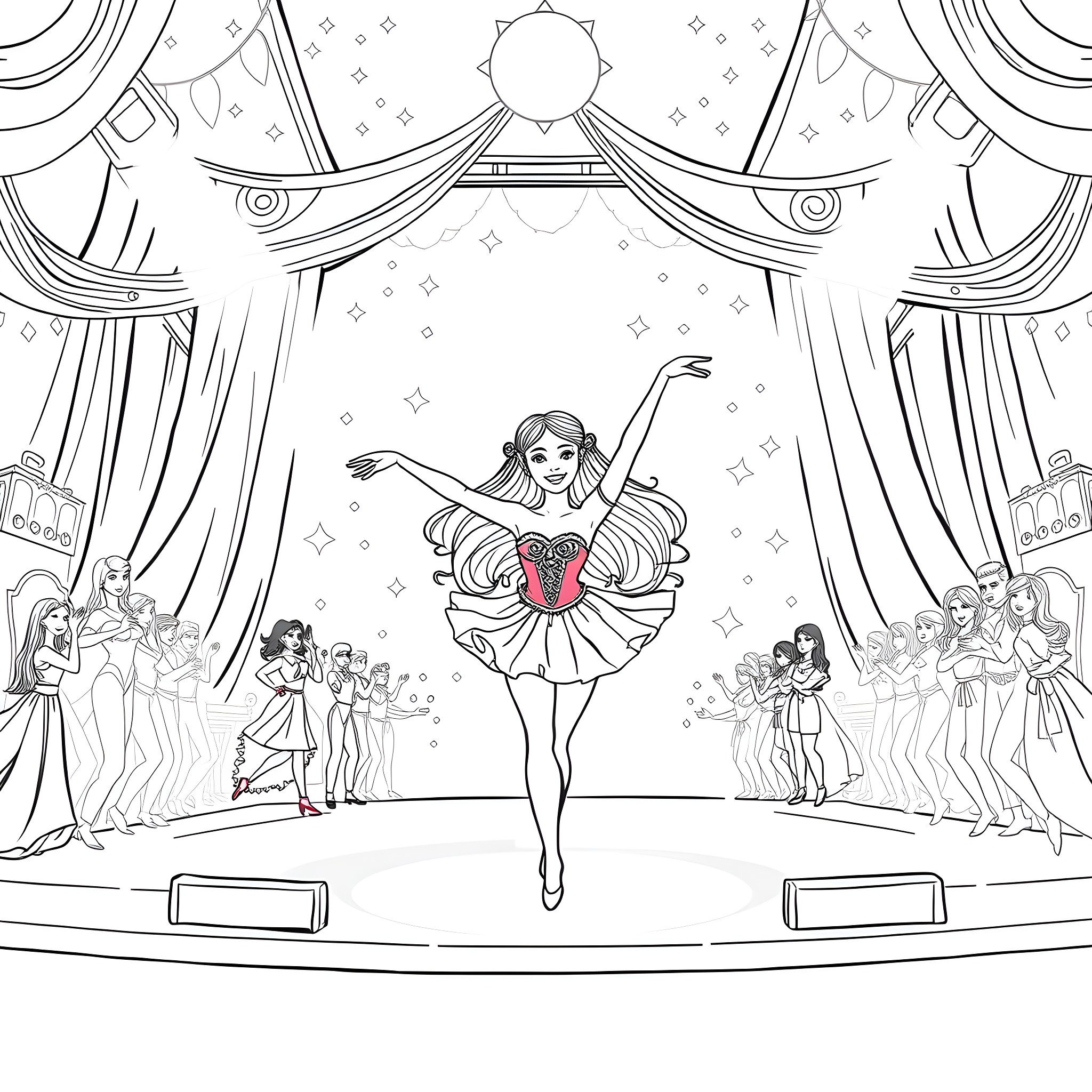 Barbie Ballet Dancer Performs on Stage Coloring Page (free black-and-white line drawing printable PDF for all, from beginners to advanced learners, including children, teens, adults, and seniors)