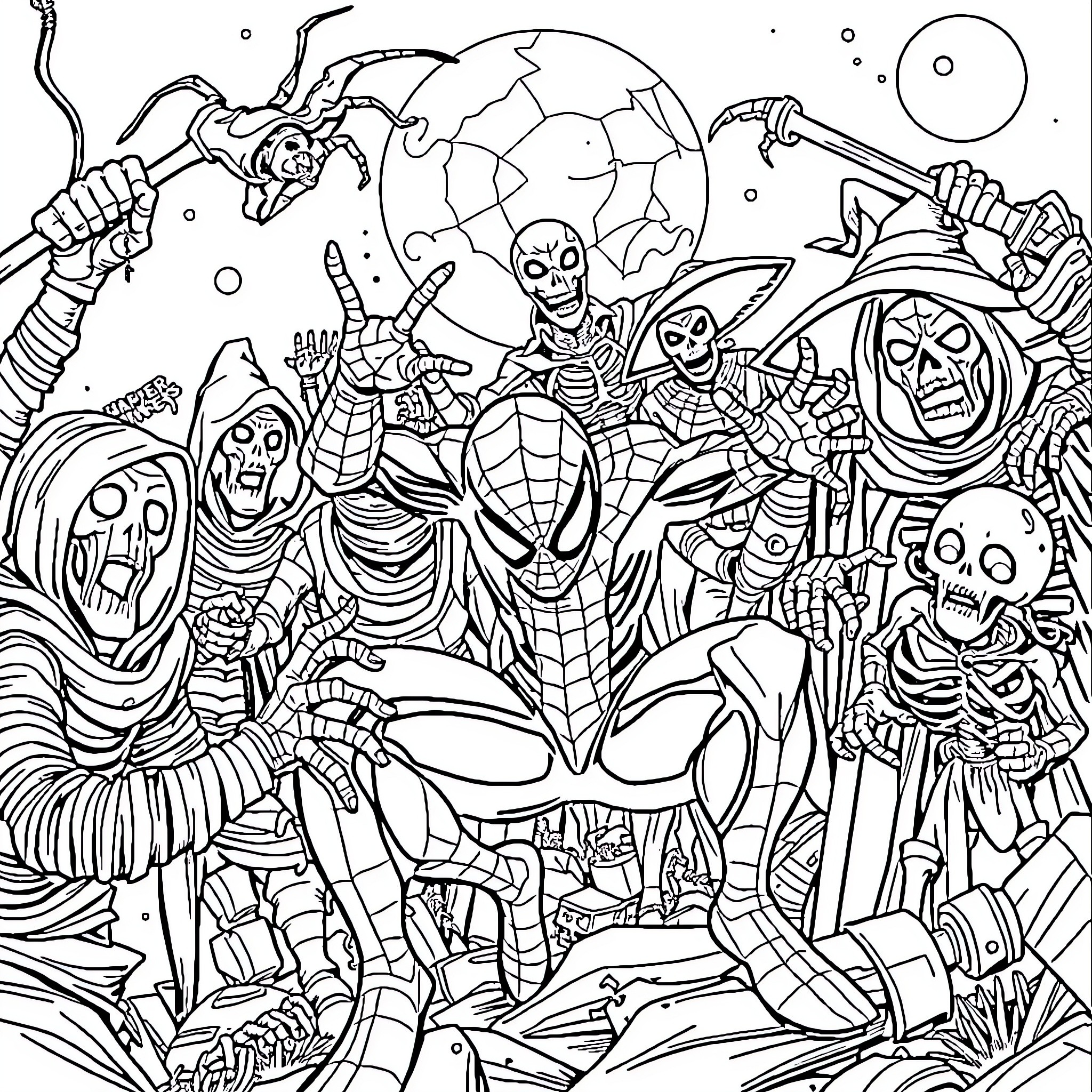 Spider-Themed Heroic Characters in Action Coloring Page (free black-and-white line drawing printable PDF for all, from beginners to advanced learners, including children, teens, adults, and seniors)