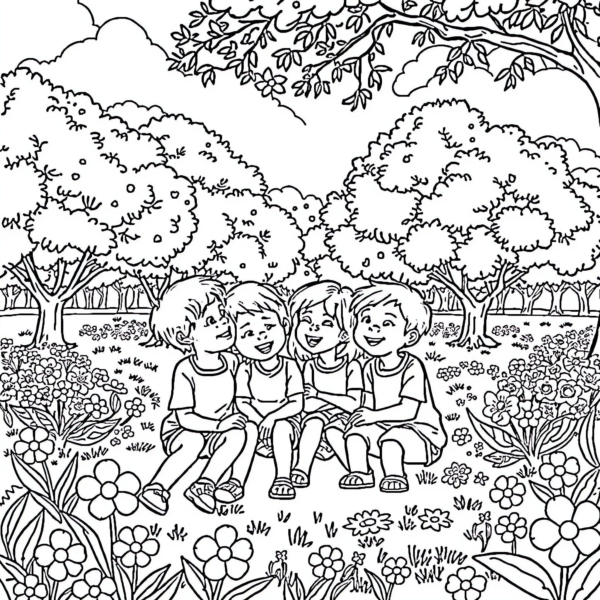 Niños relajándose en el jardín florido Coloring Page (free black-and-white line drawing printable PDF for all, from beginners to advanced learners, including children, teens, adults, and seniors)