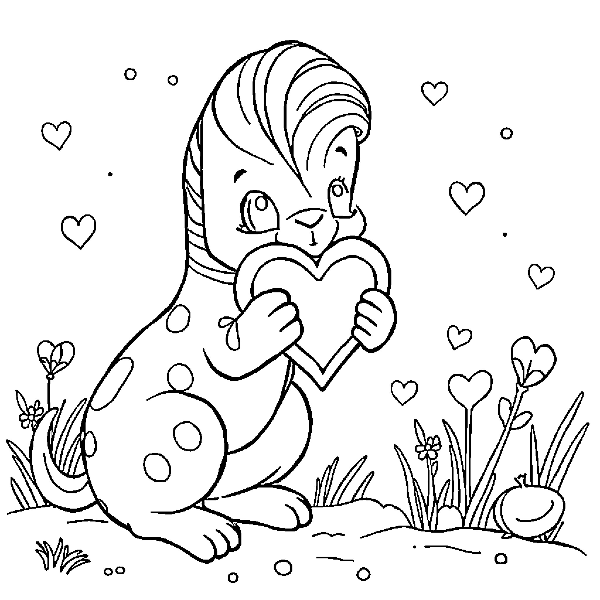 Rat holding a heart in a whimsical scene Coloring Page (free black-and-white line drawing printable PDF for all, from beginners to advanced learners, including children, teens, adults, and seniors)