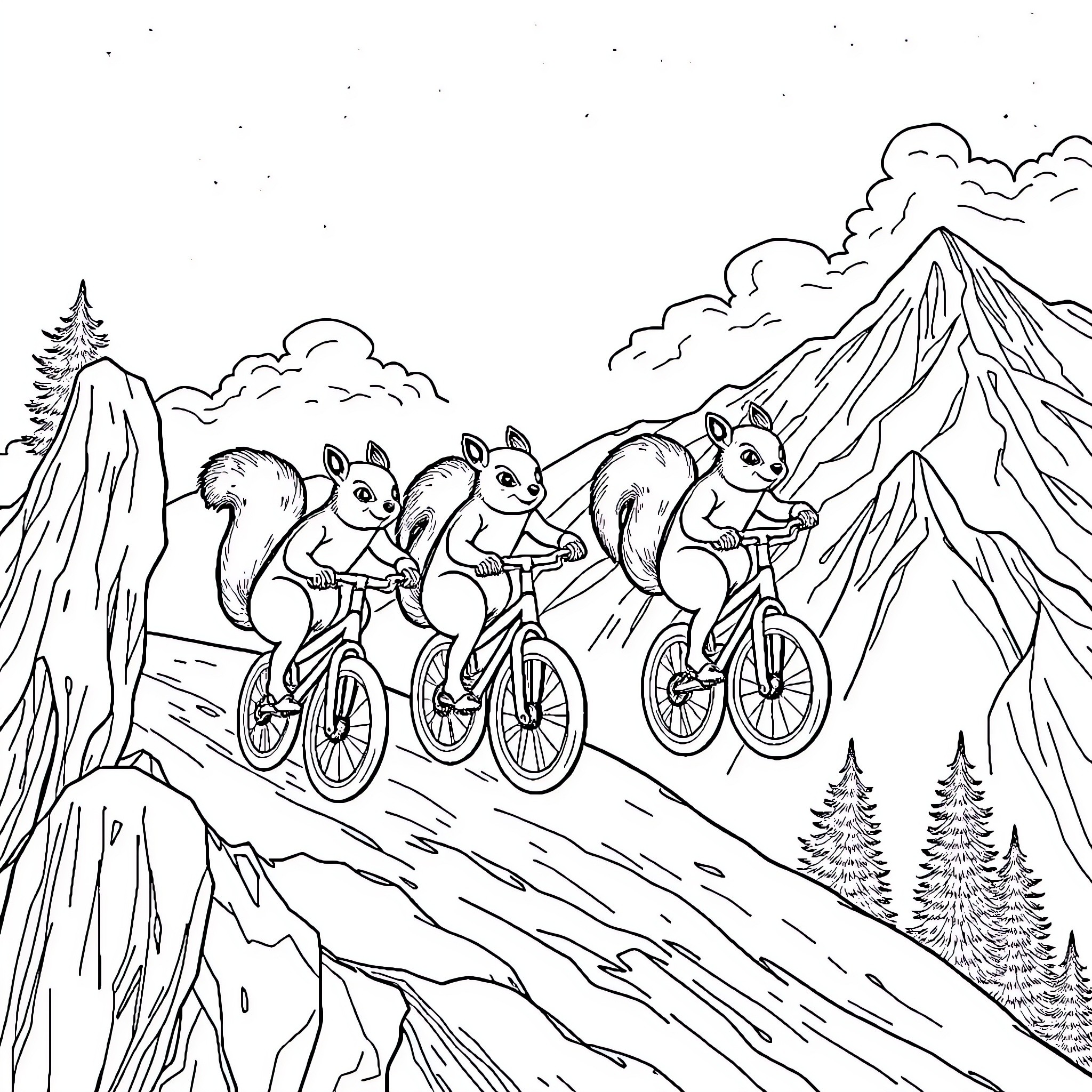 Squirrels cycling through the mountainous terrain Coloring Page (free black-and-white line drawing printable PDF for all, from beginners to advanced learners, including children, teens, adults, and seniors)