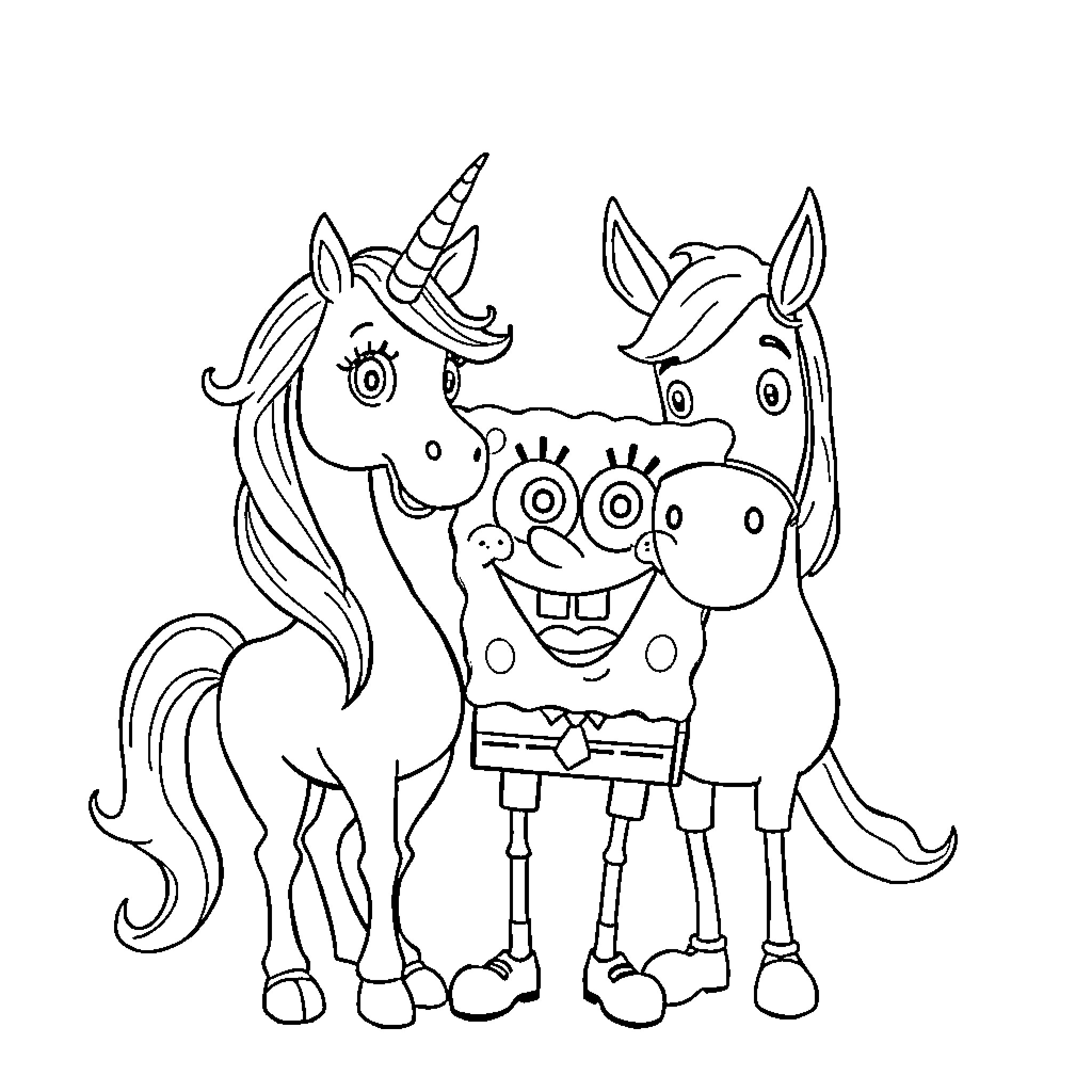 Unicorn Companions Having Fun Together Coloring Page (free black-and-white line drawing printable PDF for all, from beginners to advanced learners, including children, teens, adults, and seniors)