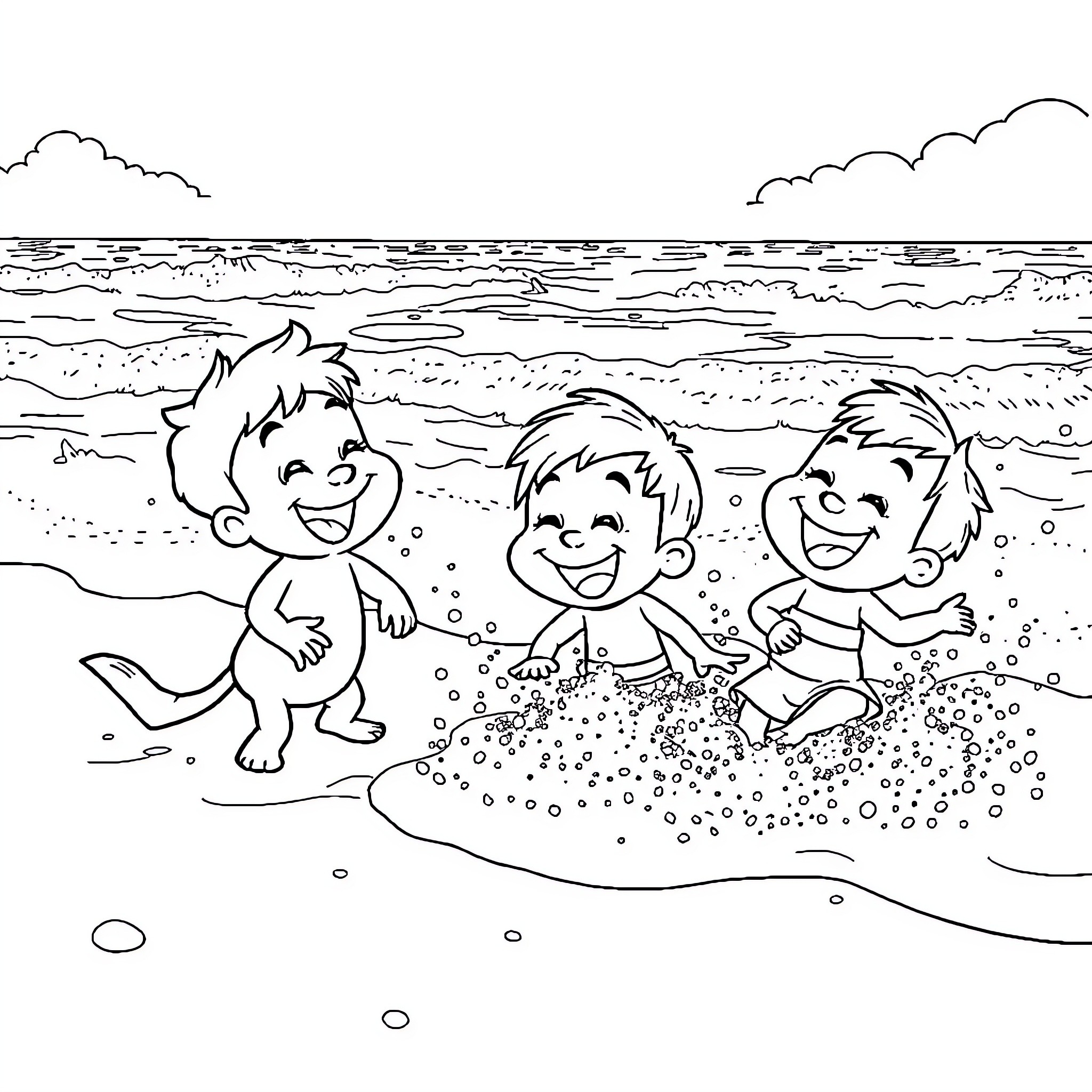 Tralalero Kids Playing Joyfully at the Beach Coloring Page (free black-and-white line drawing printable PDF for all, from beginners to advanced learners, including children, teens, adults, and seniors)