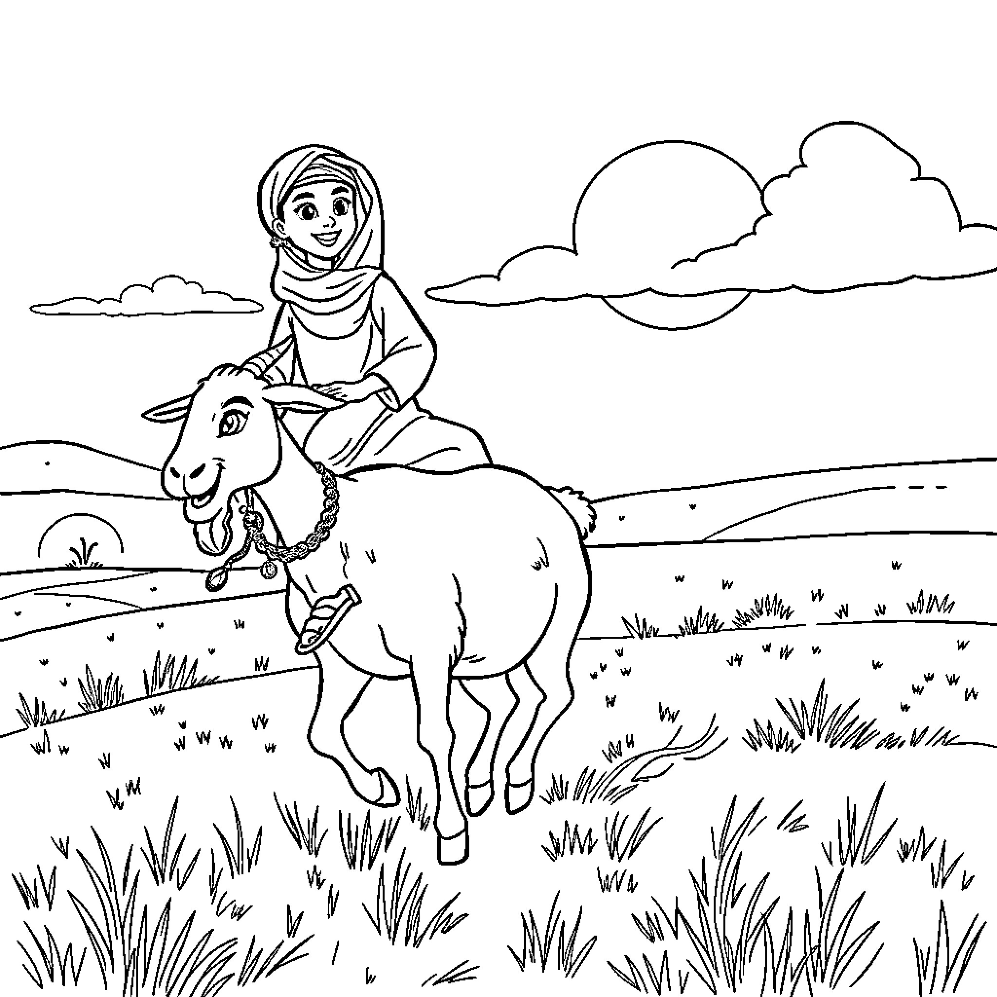 Ilhan Omar riding a camel through a scenic landscape Coloring Page (free black-and-white line drawing printable PDF for all, from beginners to advanced learners, including children, teens, adults, and seniors)