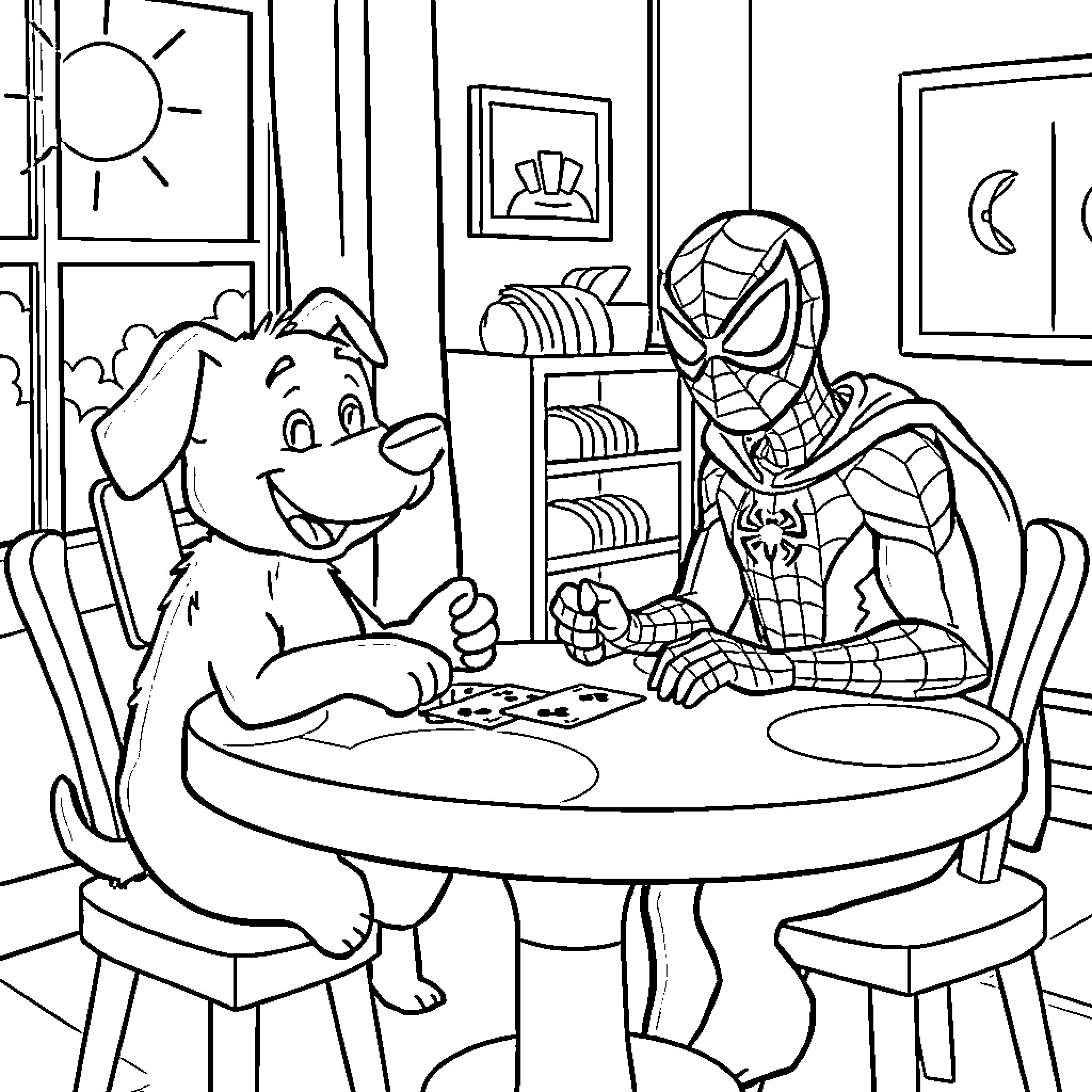 Bluey and Spiderman Enjoying a Fun Activity Together Coloring Page (free black-and-white line drawing printable PDF for all, from beginners to advanced learners, including children, teens, adults, and seniors)