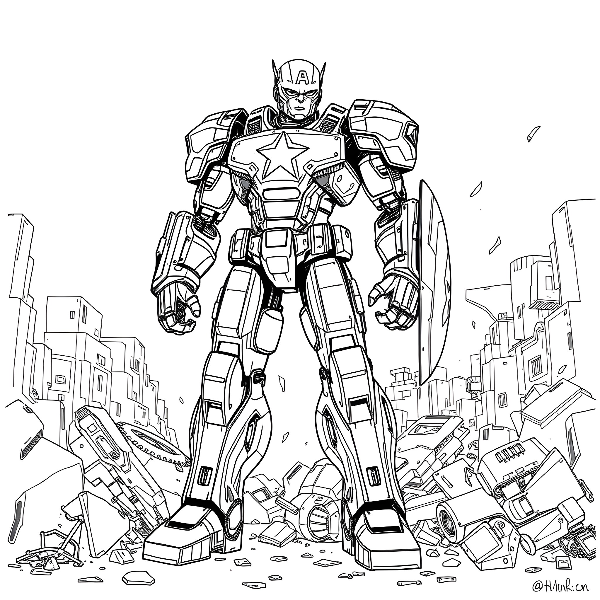 Mecha Captain America Standing Tall Amidst Destruction Coloring Page (free black-and-white line drawing printable PDF for all, from beginners to advanced learners, including children, teens, adults, and seniors)