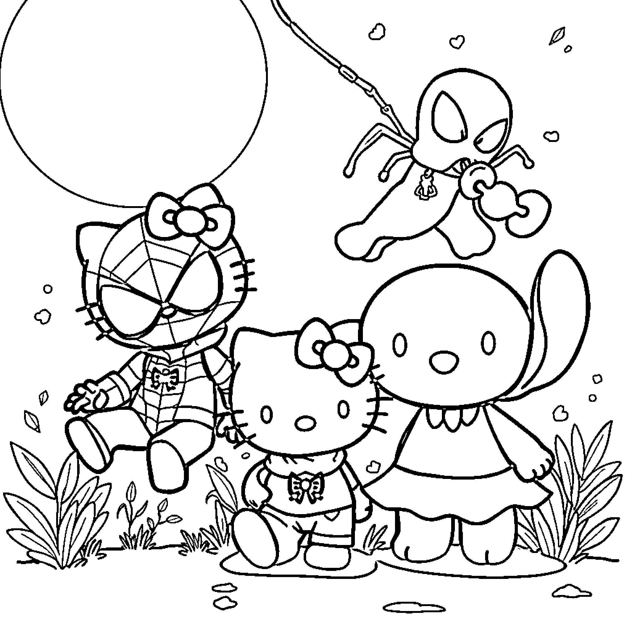 Hello Kitty and friends explore the outdoors Coloring Page (free black-and-white line drawing printable PDF for all, from beginners to advanced learners, including children, teens, adults, and seniors)