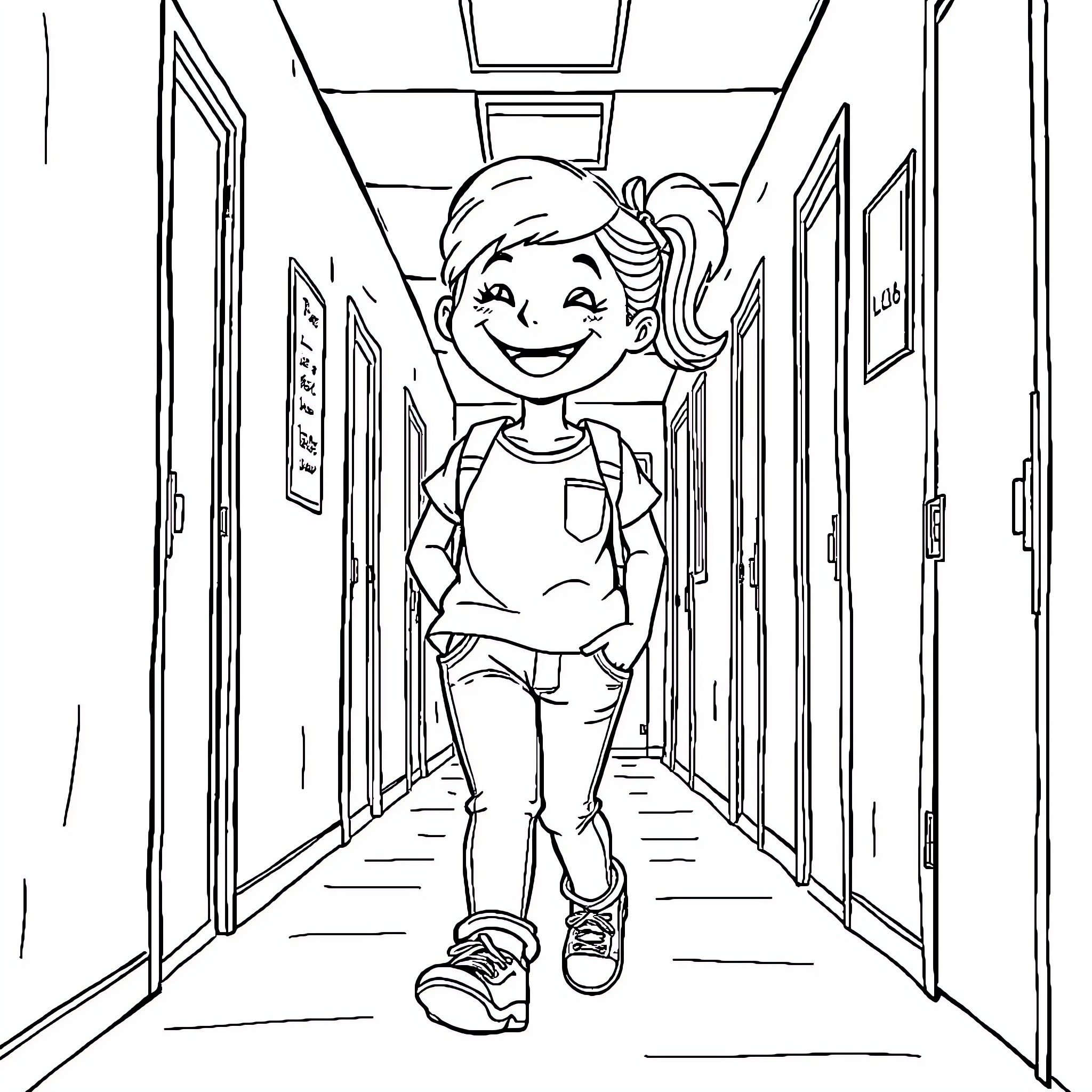 Souris exploring the school hallway with excitement Coloring Page (free black-and-white line drawing printable PDF for all, from beginners to advanced learners, including children, teens, adults, and seniors)