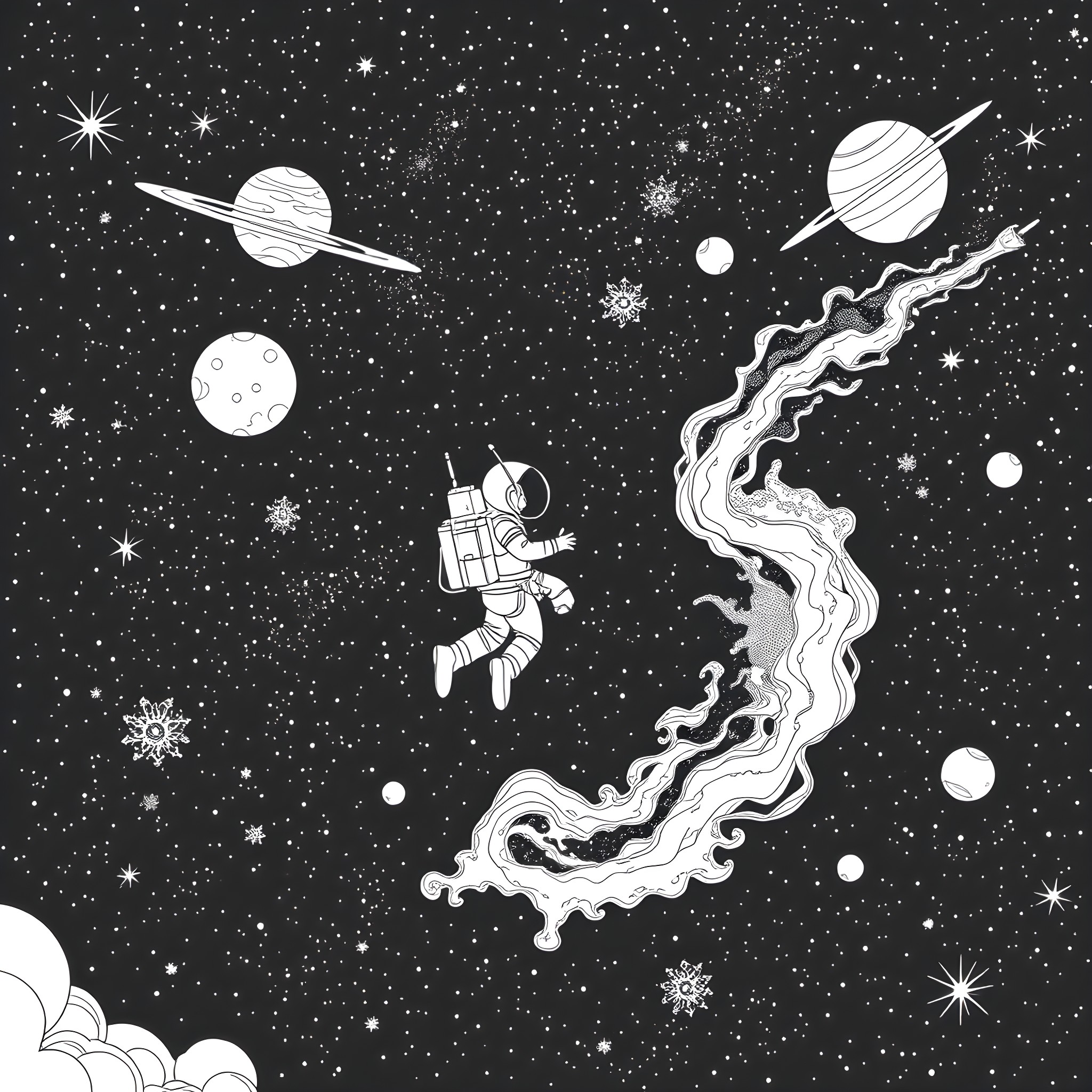 Space Man exploring the Cosmic Wonders Coloring Page (free black-and-white line drawing printable PDF for all, from beginners to advanced learners, including children, teens, adults, and seniors)
