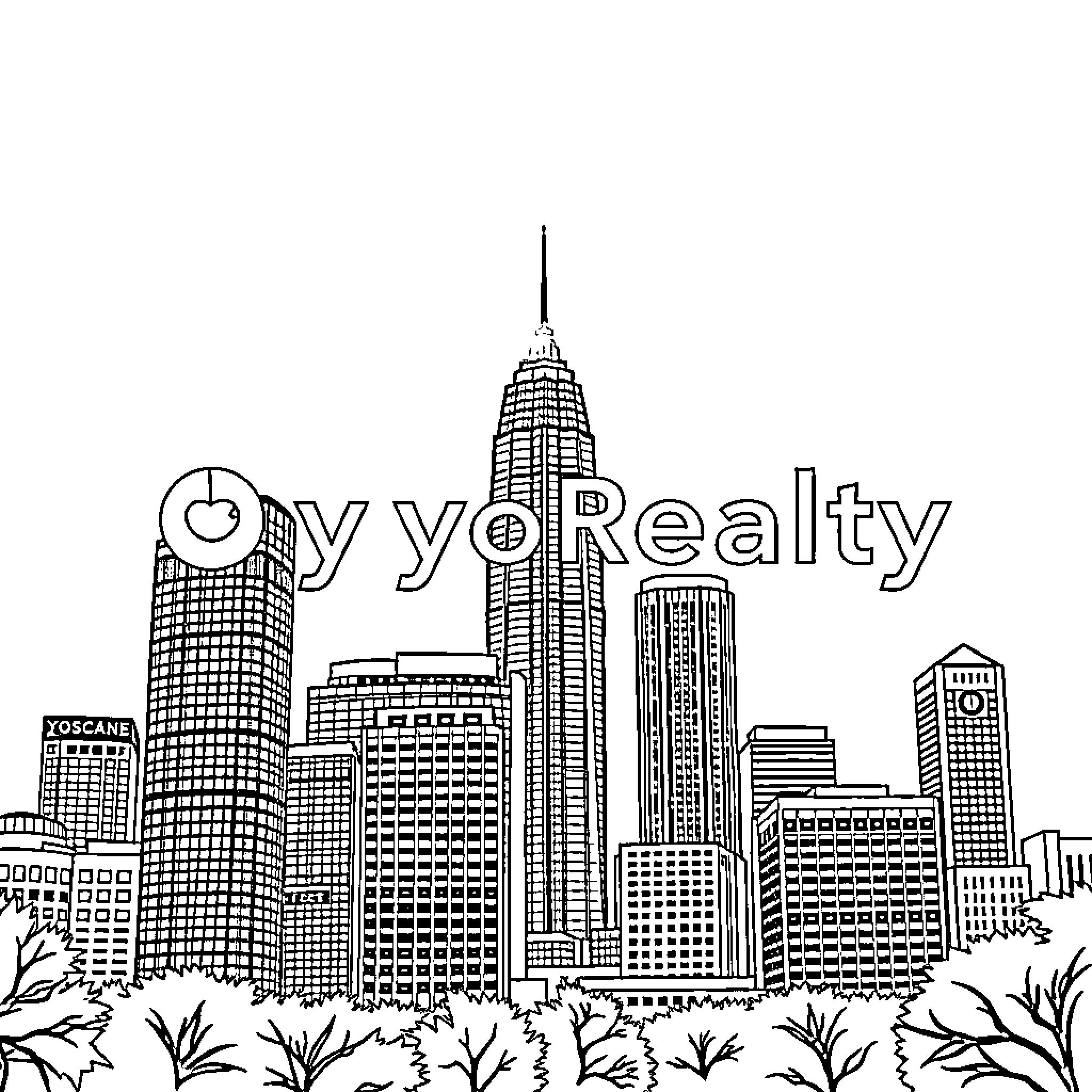 Logo of Cityscape with Skyscrapers and Foliage Coloring Page (free black-and-white line drawing printable PDF for all, from beginners to advanced learners, including children, teens, adults, and seniors)