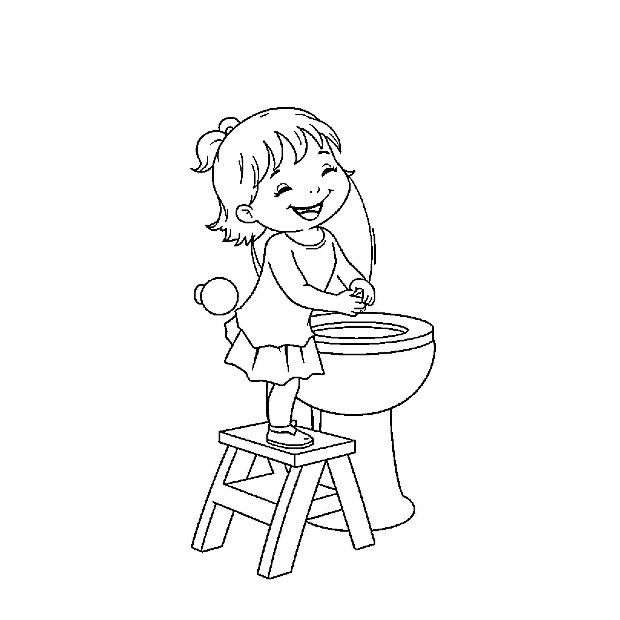 Girl Happily Using Toilet on Stool Coloring Page (free black-and-white line drawing printable PDF for all, from beginners to advanced learners, including children, teens, adults, and seniors)