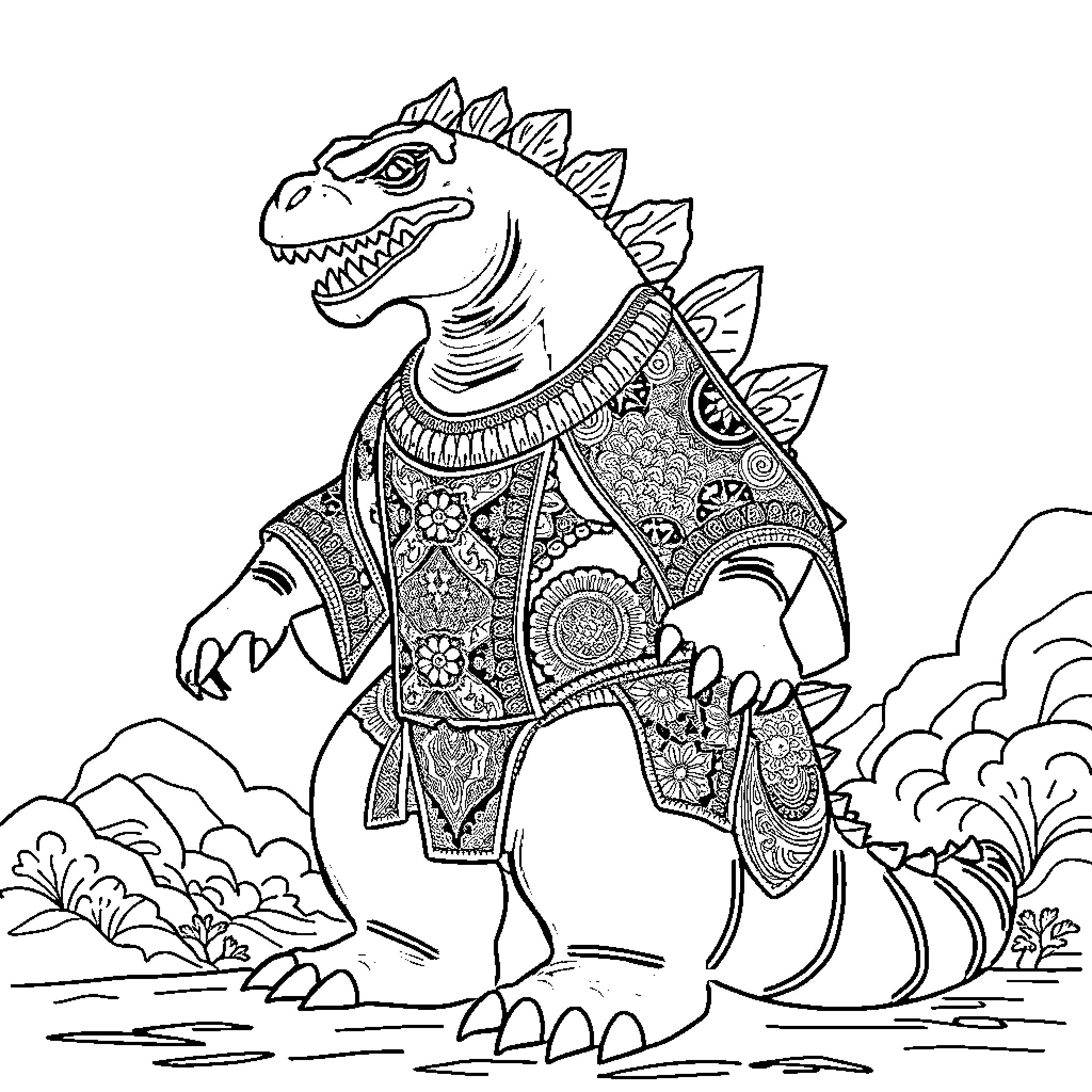 Godzilla Stomping Victoriously Through the Landscape Coloring Page (free black-and-white line drawing printable PDF for all, from beginners to advanced learners, including children, teens, adults, and seniors)