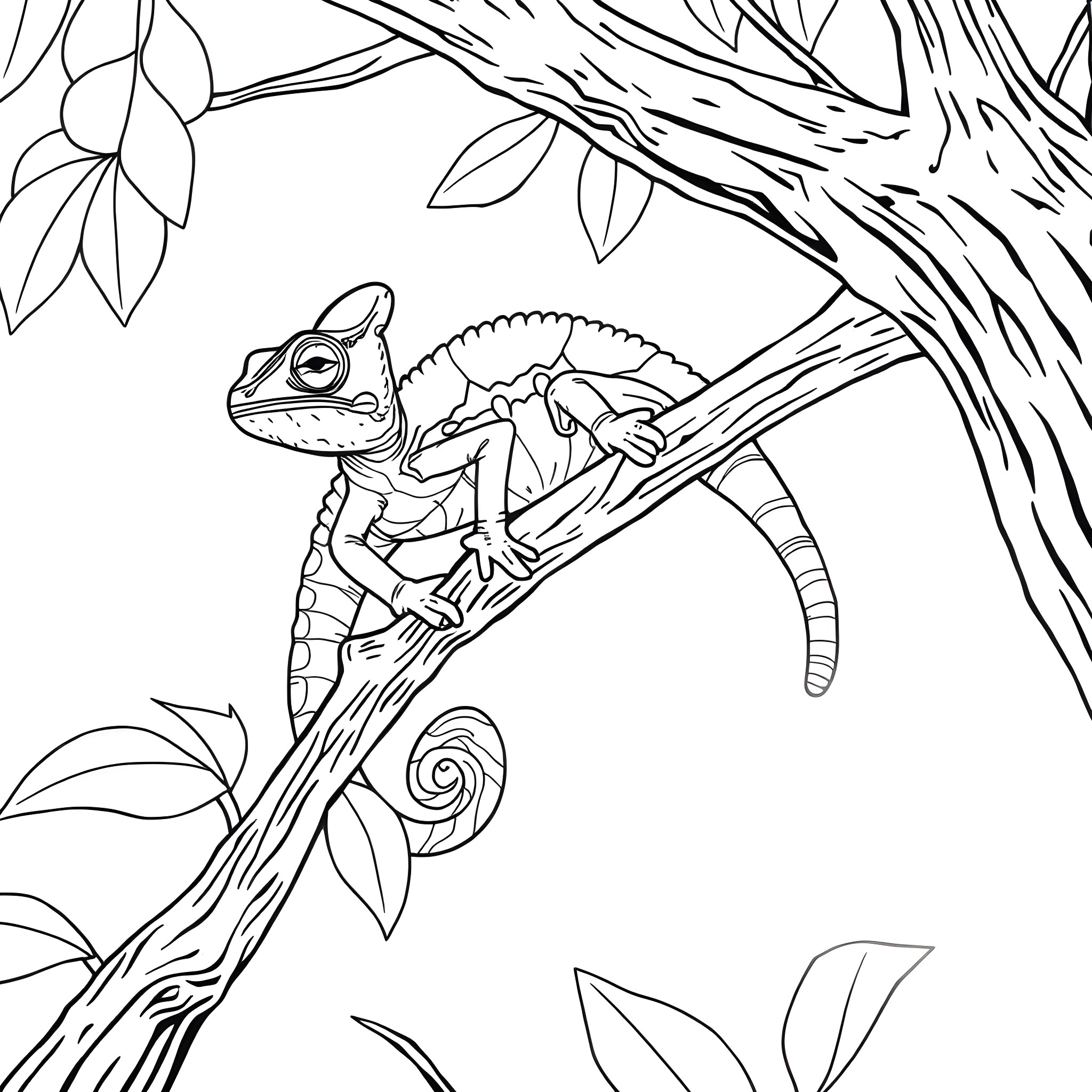 Chameleon exploring the lush foliage Coloring Page (free black-and-white line drawing printable PDF for all, from beginners to advanced learners, including children, teens, adults, and seniors)