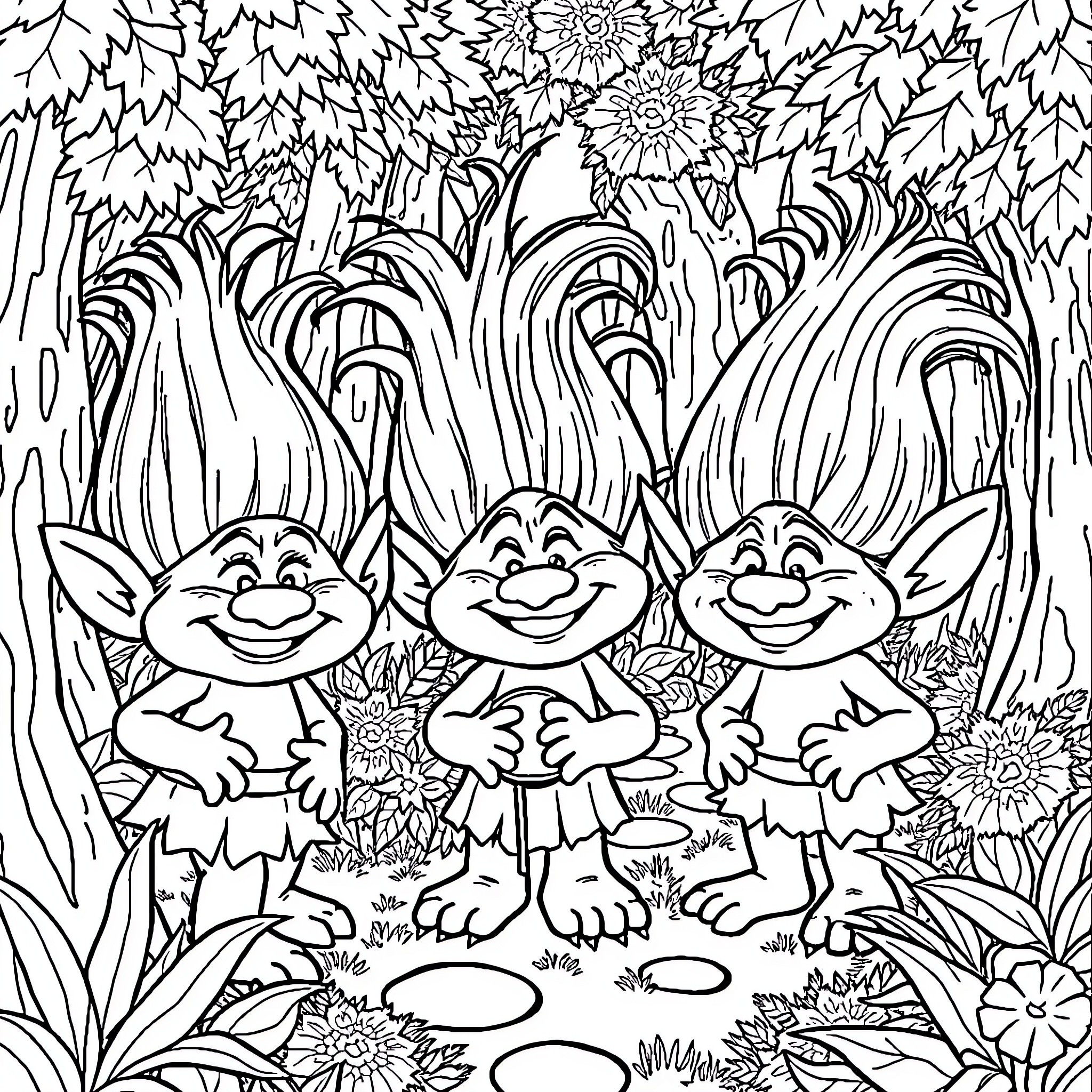 Troll friends enjoying a colorful floral meadow Coloring Page (free black-and-white line drawing printable PDF for all, from beginners to advanced learners, including children, teens, adults, and seniors)