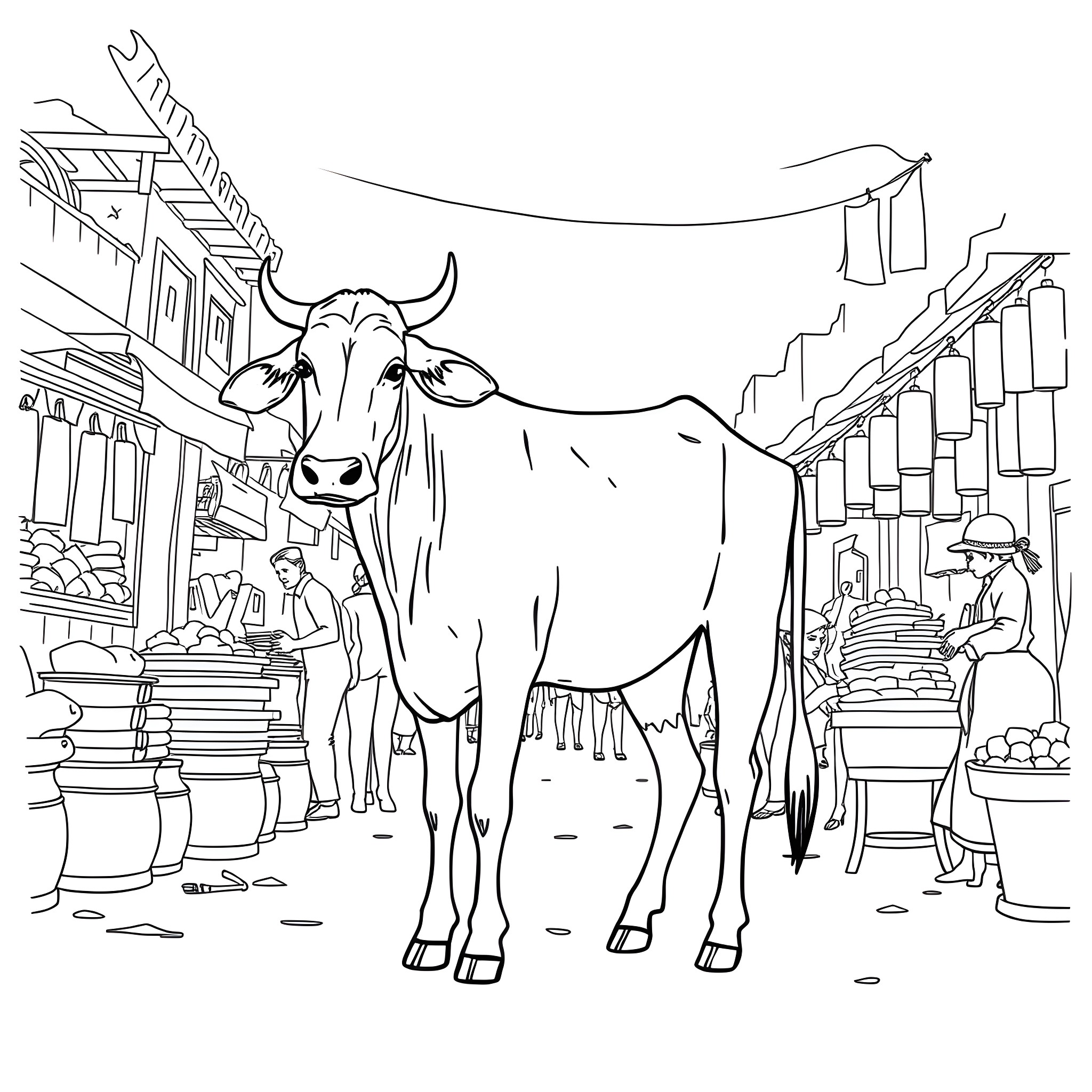 Cow exploring colorful market stalls Coloring Page (free black-and-white line drawing printable PDF for all, from beginners to advanced learners, including children, teens, adults, and seniors)