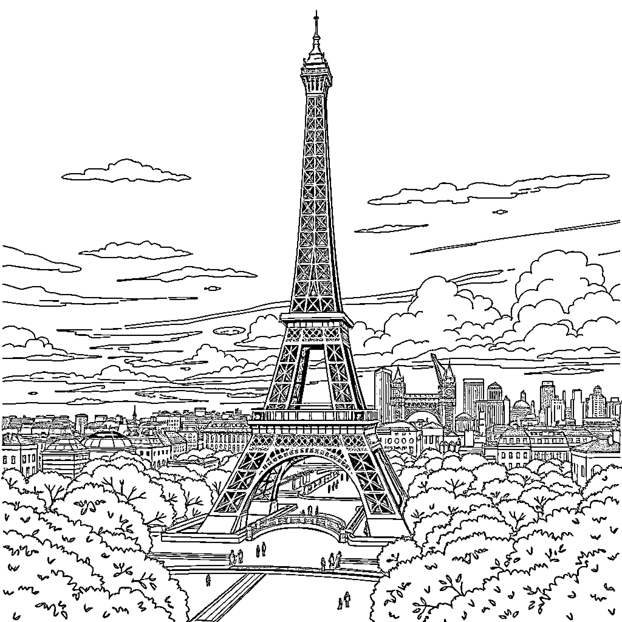 Eiffel Tower overlooking the Parisian cityscape Coloring Page (free black-and-white line drawing printable PDF for all, from beginners to advanced learners, including children, teens, adults, and seniors)