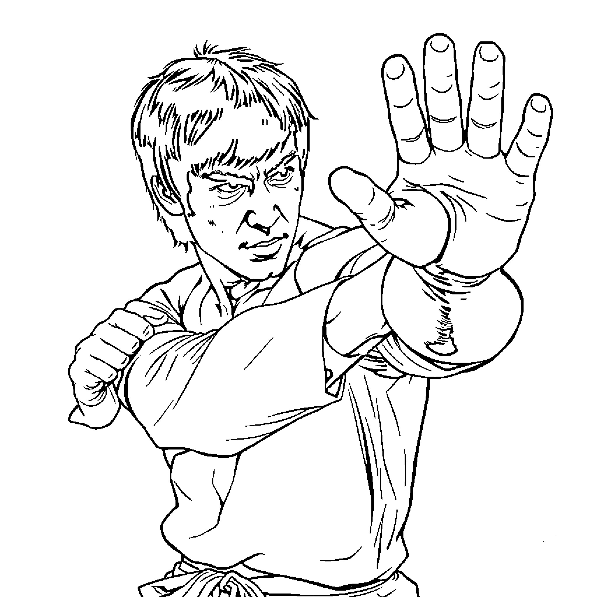 Bruce Lee Performing Martial Arts Pose Coloring Page (free black-and-white line drawing printable PDF for all, from beginners to advanced learners, including children, teens, adults, and seniors)