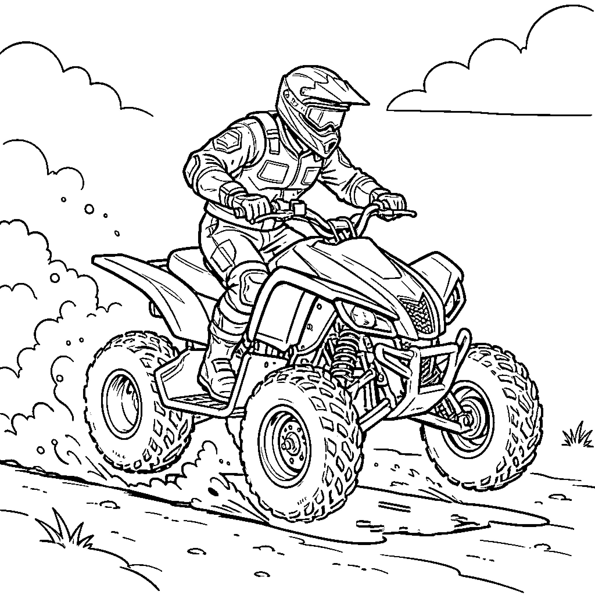 Quad biker riding fast through dirt and dust Coloring Page (free black-and-white line drawing printable PDF for all, from beginners to advanced learners, including children, teens, adults, and seniors)