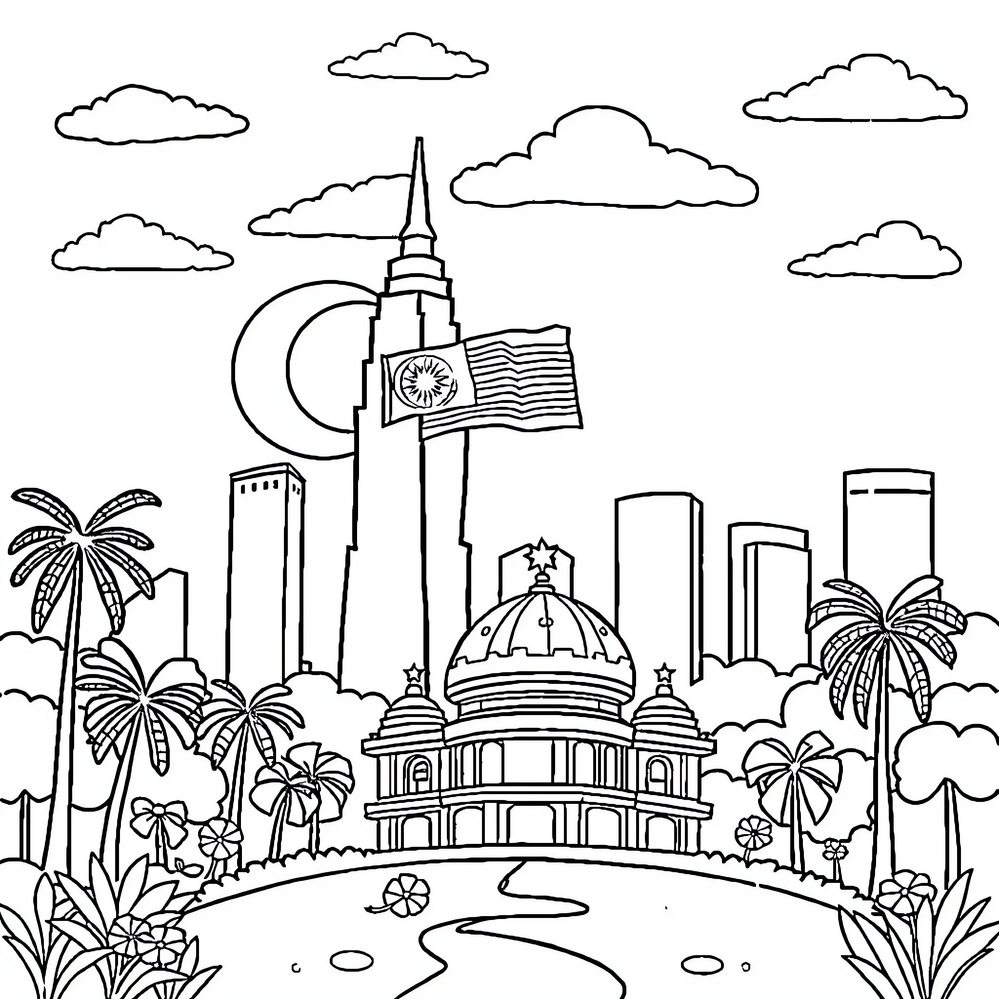 Merdeka Celebration in Vibrant City Coloring Page (free black-and-white line drawing printable PDF for all, from beginners to advanced learners, including children, teens, adults, and seniors)