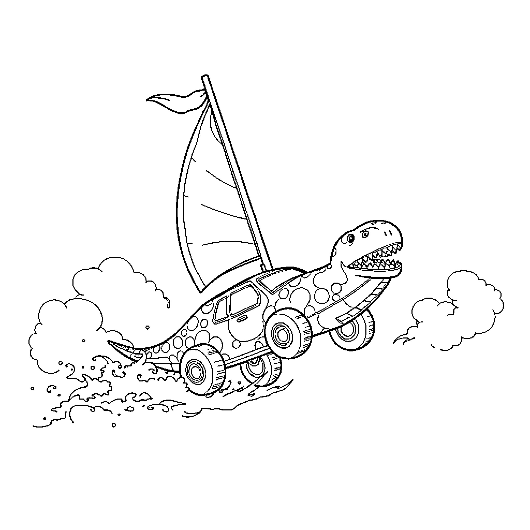 Dinosaur sailing on a vehicle through the clouds Coloring Page (free black-and-white line drawing printable PDF for all, from beginners to advanced learners, including children, teens, adults, and seniors)