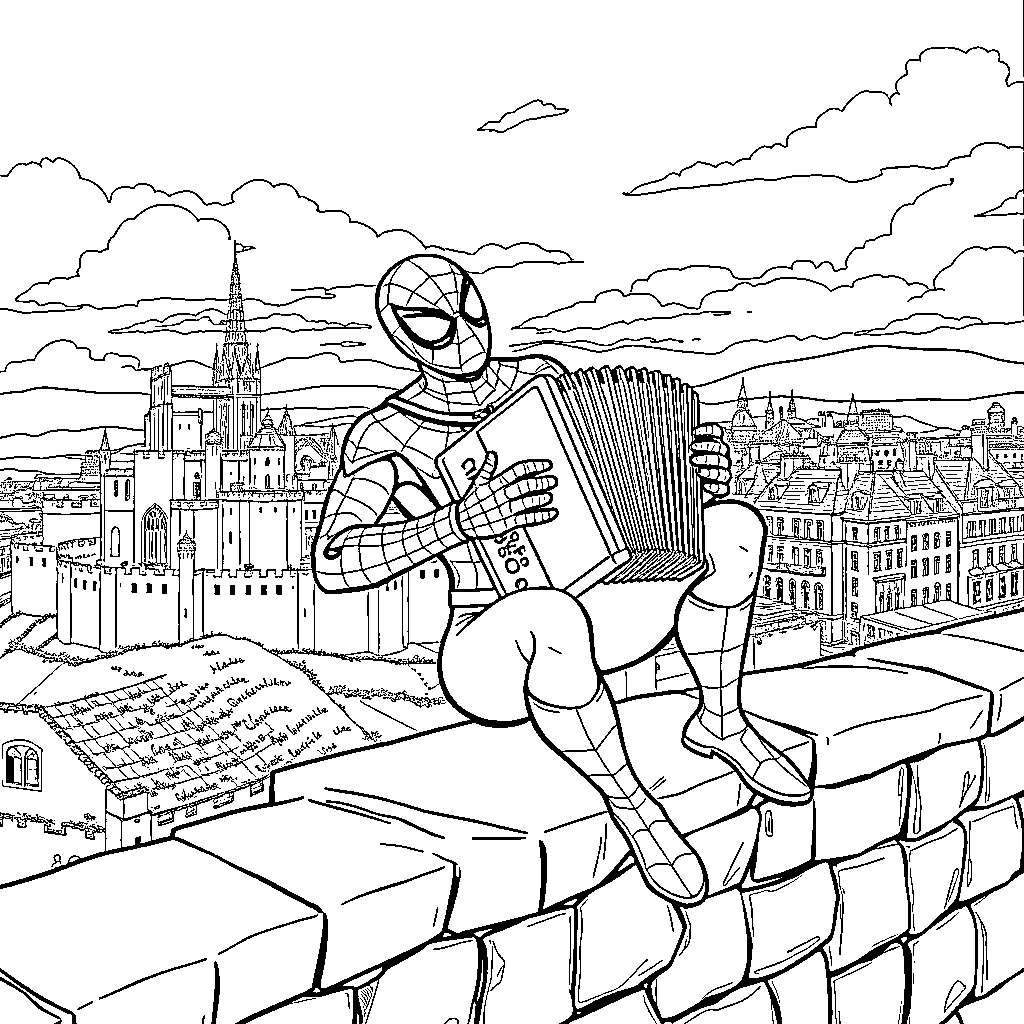 Spider-Man playing accordion on a city rooftop Coloring Page (free black-and-white line drawing printable PDF for all, from beginners to advanced learners, including children, teens, adults, and seniors)