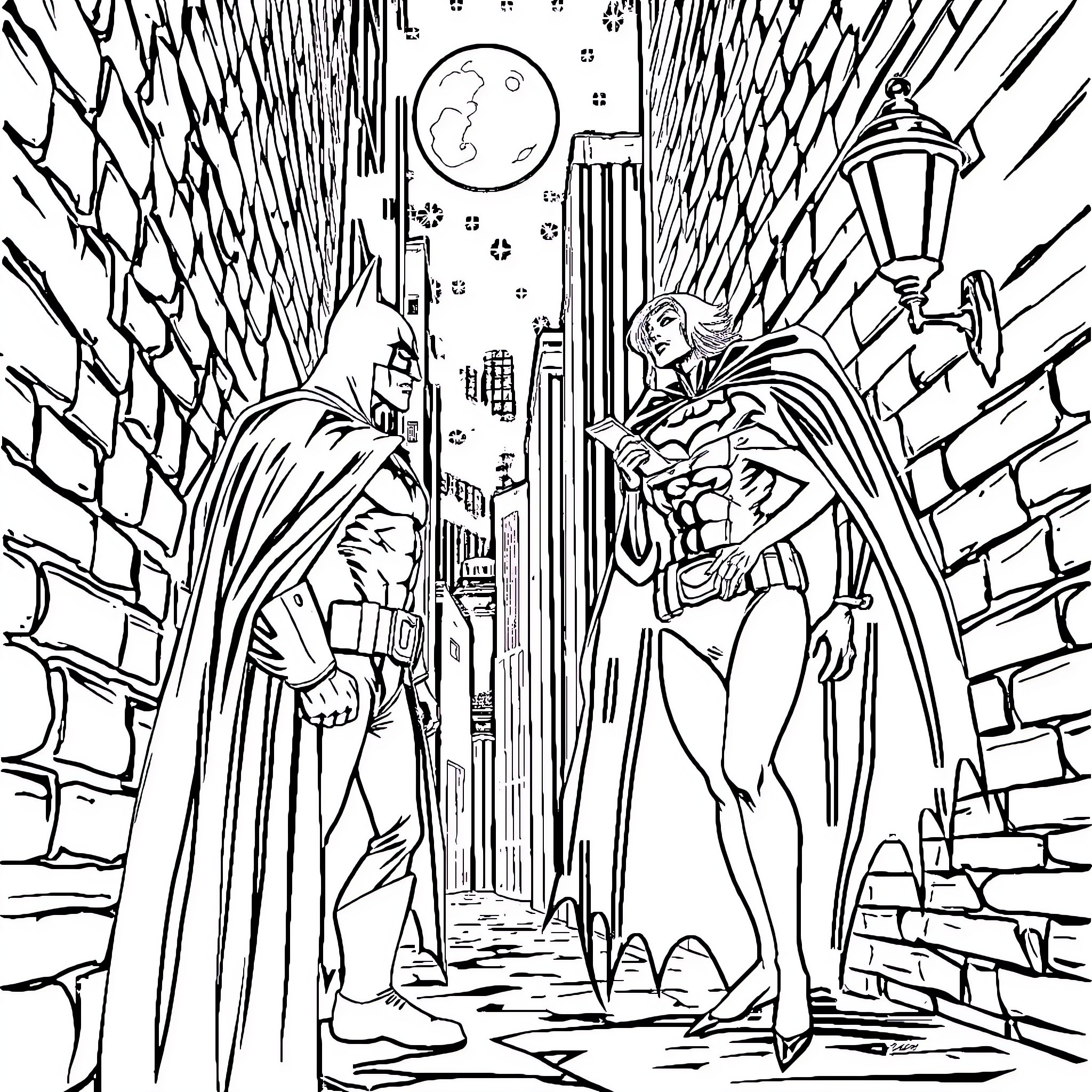 Batman taking action in the city at night Coloring Page (free black-and-white line drawing printable PDF for all, from beginners to advanced learners, including children, teens, adults, and seniors)