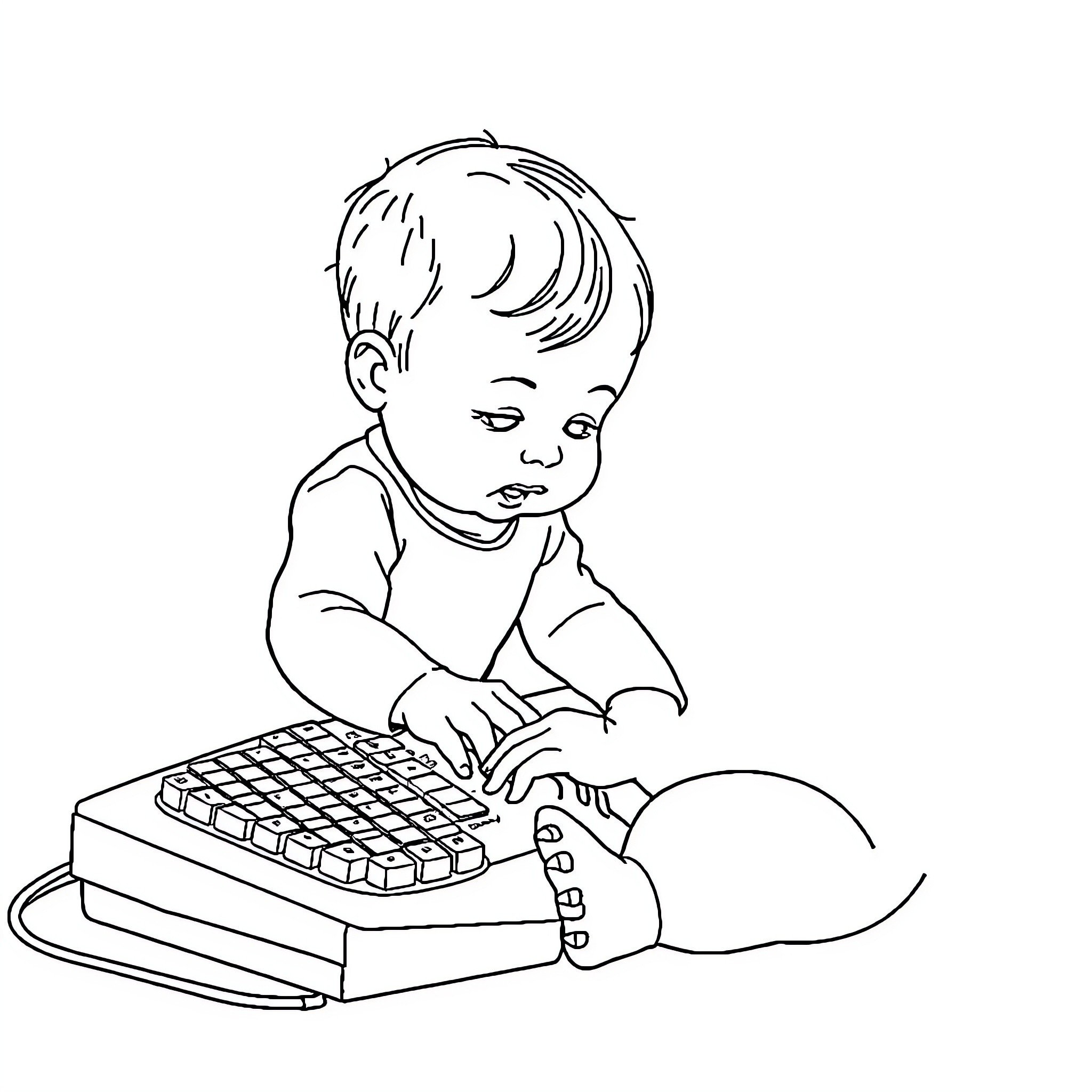 Baby playing with typewriter Coloring Page (free black-and-white line drawing printable PDF for all, from beginners to advanced learners, including children, teens, adults, and seniors)