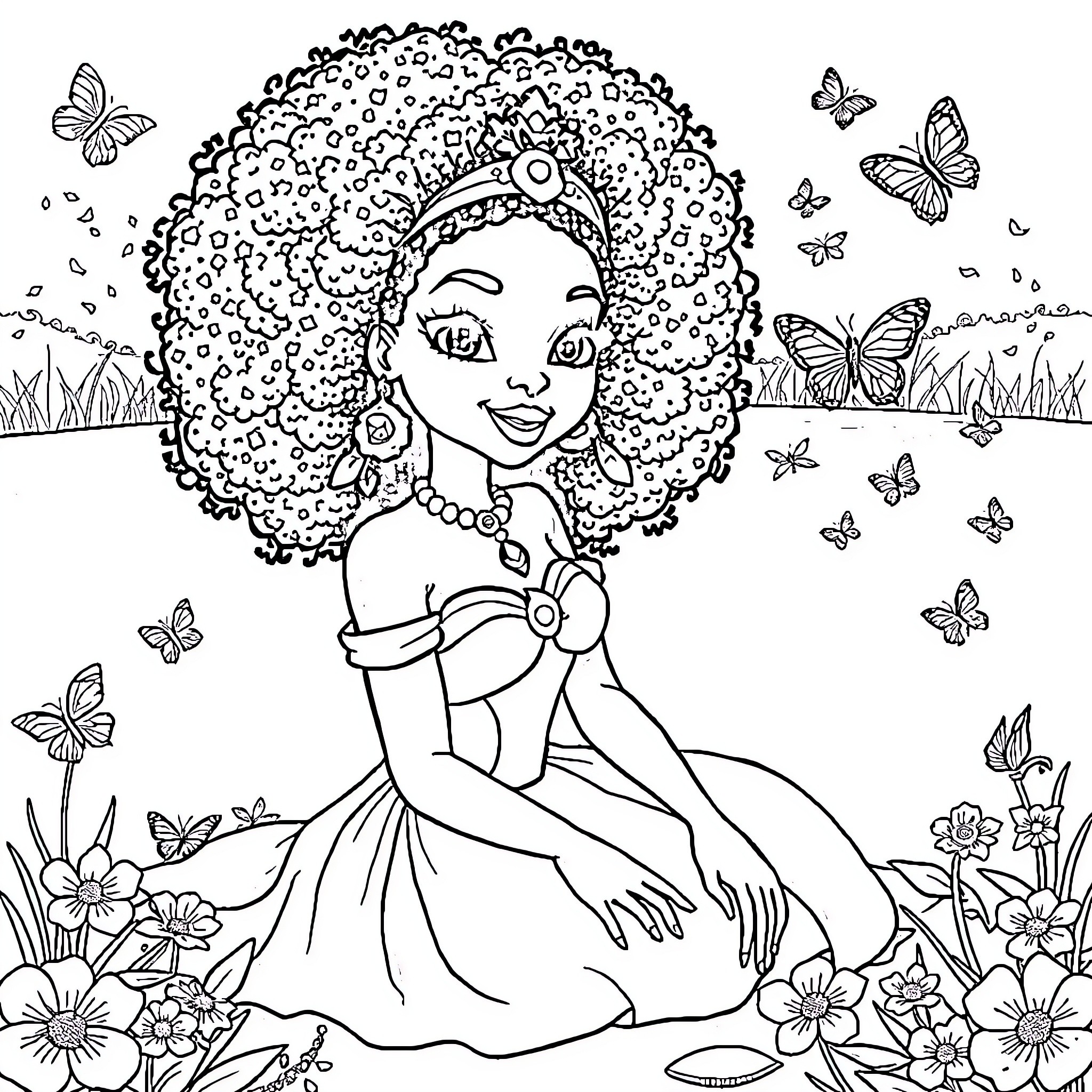 Princess Smiling Amidst Butterflies and Flowers Coloring Page (free black-and-white line drawing printable PDF for all, from beginners to advanced learners, including children, teens, adults, and seniors)