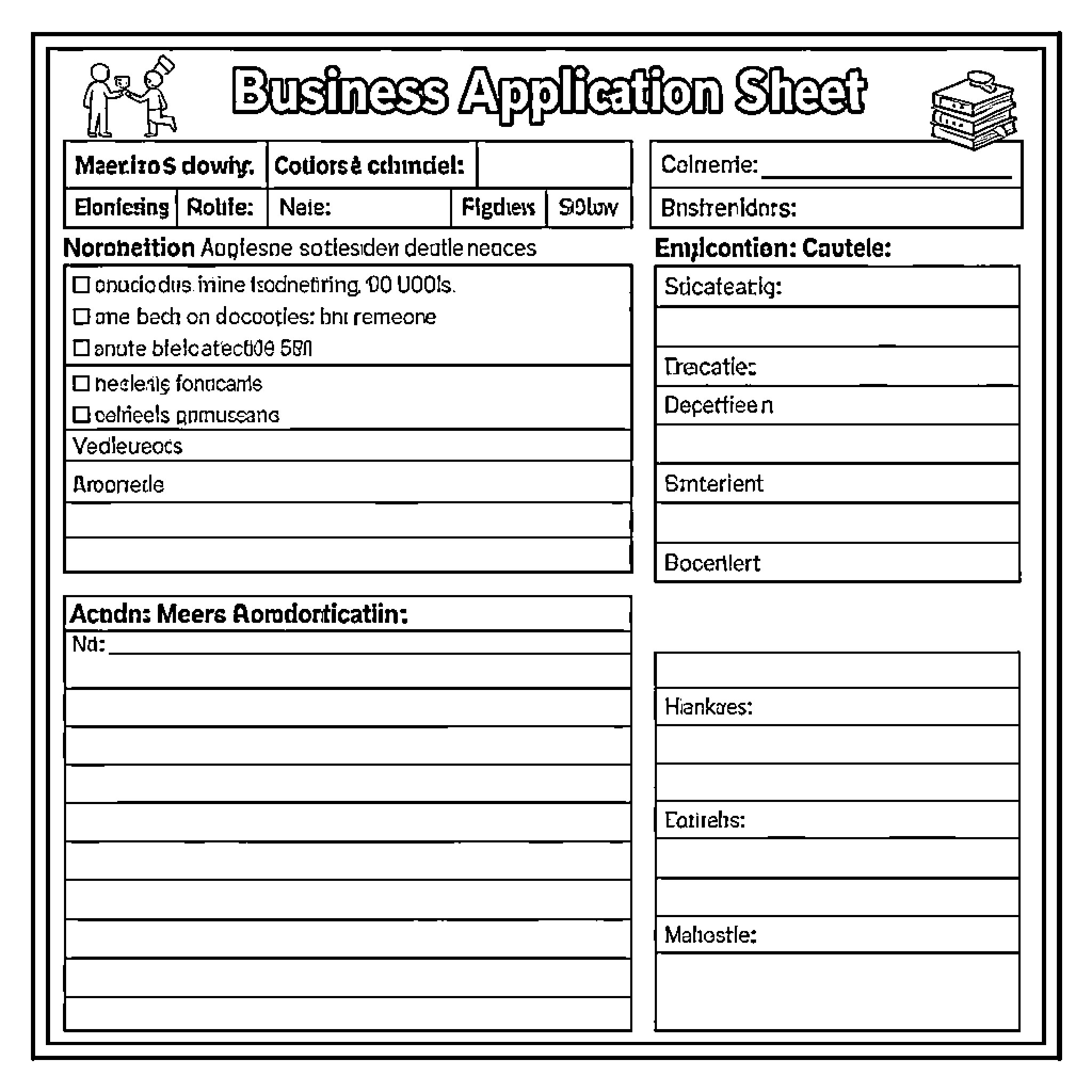 Business Application Sheet with organized text fields and blanks Coloring Page (free black-and-white line drawing printable PDF for all, from beginners to advanced learners, including children, teens, adults, and seniors)