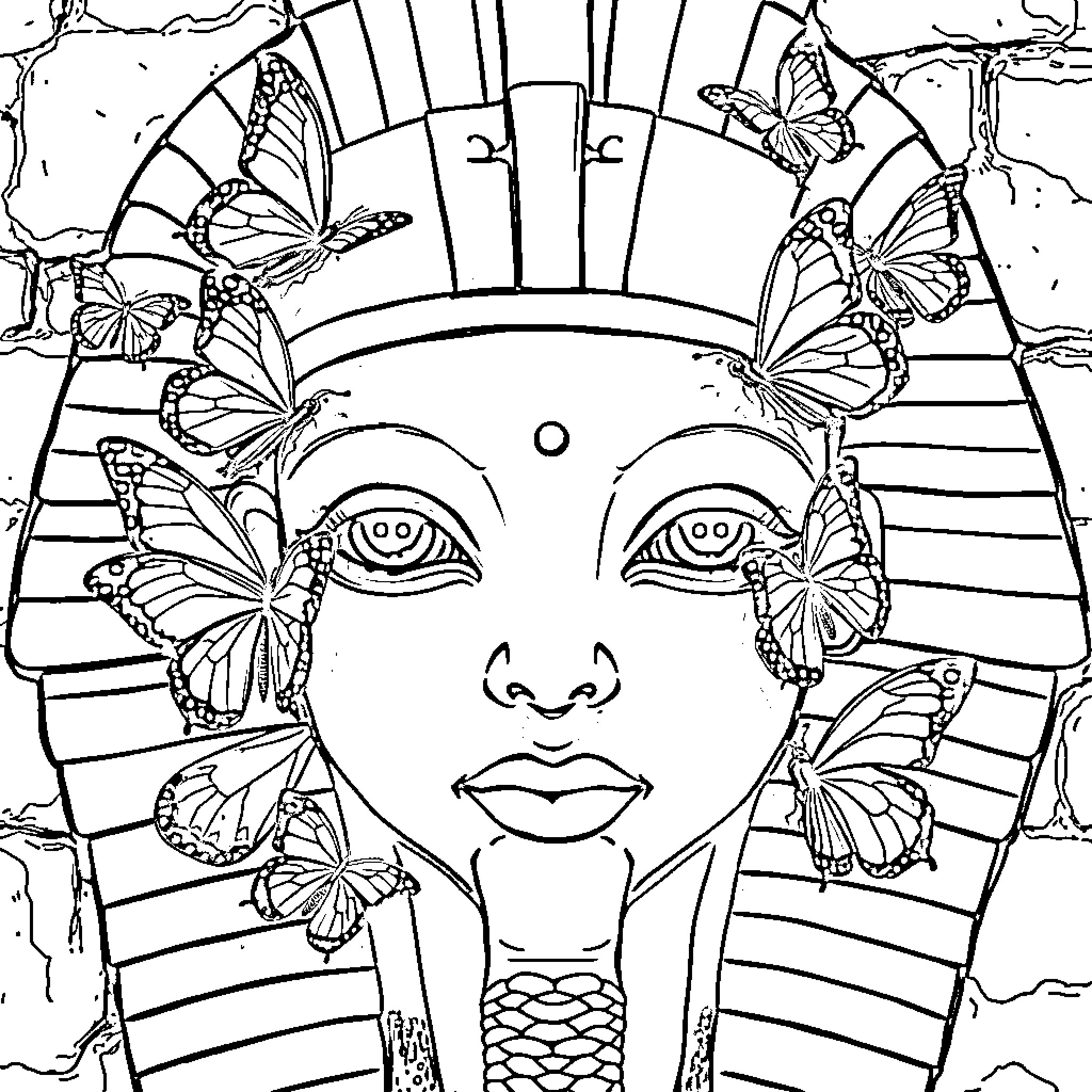 Butterfly-adorned Pharaonic Portrait Coloring Page (free black-and-white line drawing printable PDF for all, from beginners to advanced learners, including children, teens, adults, and seniors)