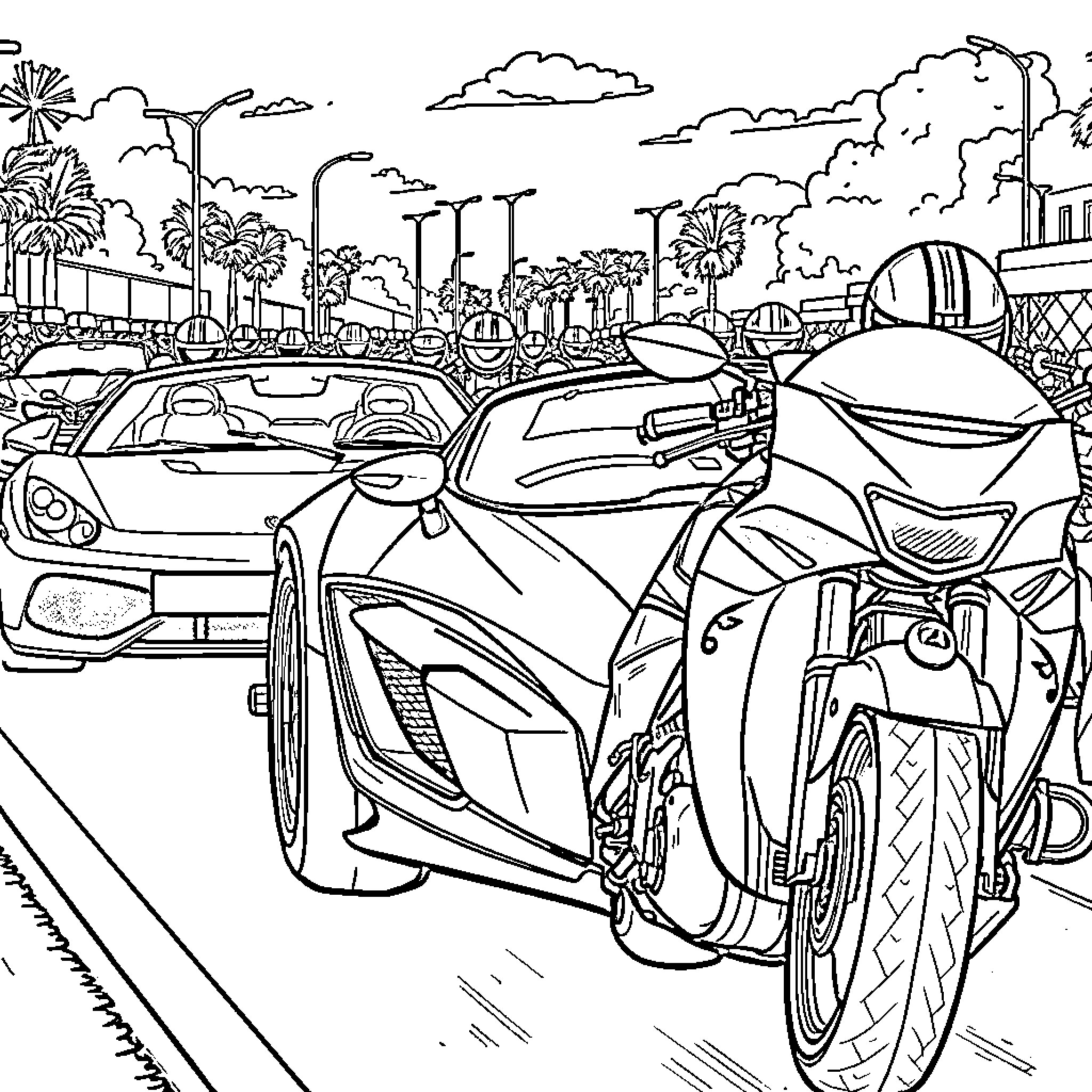 Car Enthusiasts Showcase Exotic Vehicles in City Coloring Page (free black-and-white line drawing printable PDF for all, from beginners to advanced learners, including children, teens, adults, and seniors)