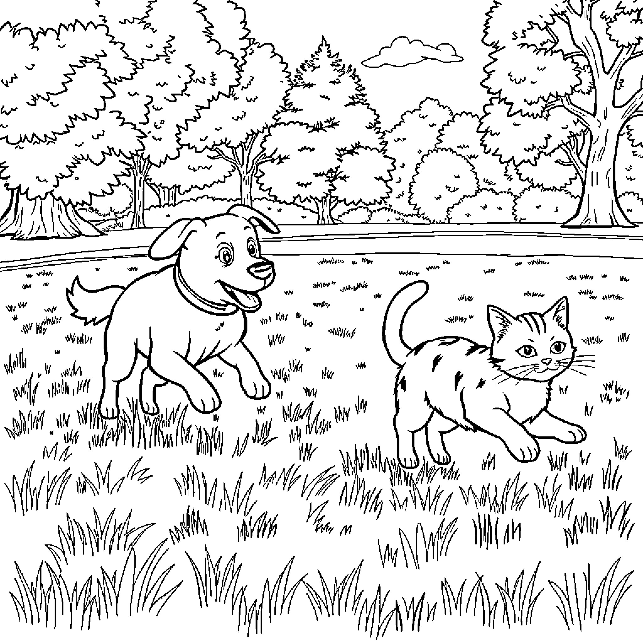 Dog and Cat in the Forest Coloring Page (free black-and-white line drawing printable PDF for all, from beginners to advanced learners, including children, teens, adults, and seniors)