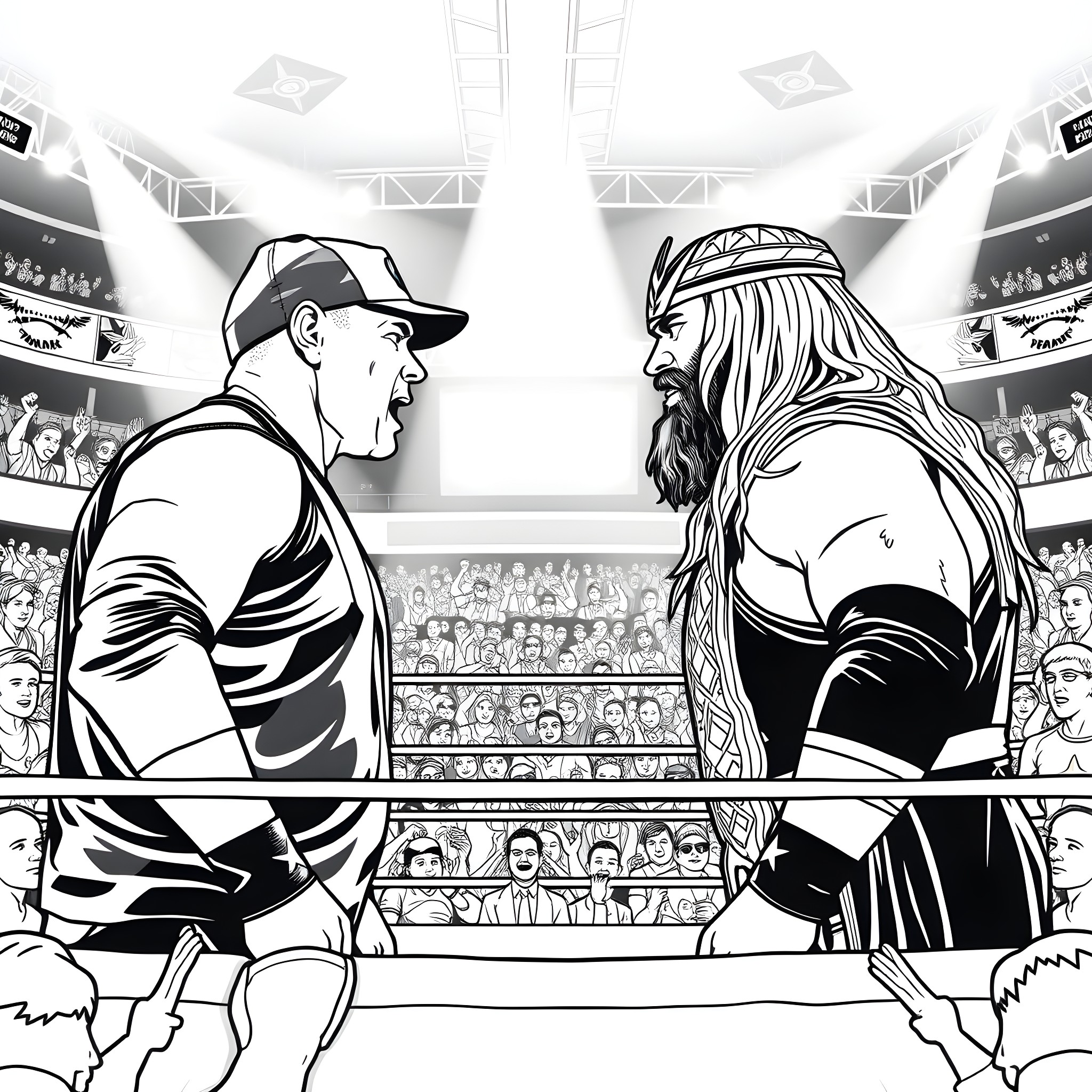 John Cena confronting muscular wrestler in the ring Coloring Page (free black-and-white line drawing printable PDF for all, from beginners to advanced learners, including children, teens, adults, and seniors)