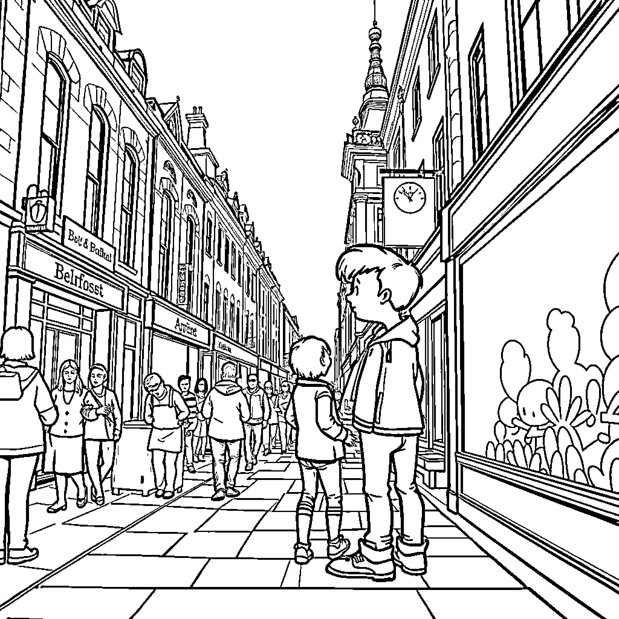 Stewie exploring a bustling city street with people Coloring Page (free black-and-white line drawing printable PDF for all, from beginners to advanced learners, including children, teens, adults, and seniors)