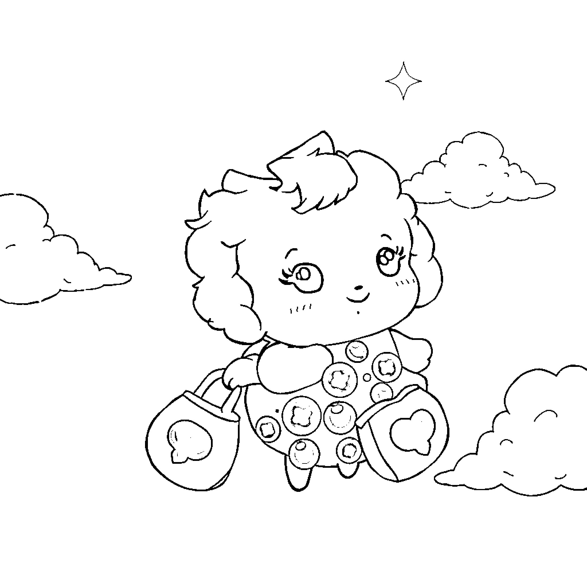 Cloud of cute cuddly creature in the sky Coloring Page (free black-and-white line drawing printable PDF for all, from beginners to advanced learners, including children, teens, adults, and seniors)