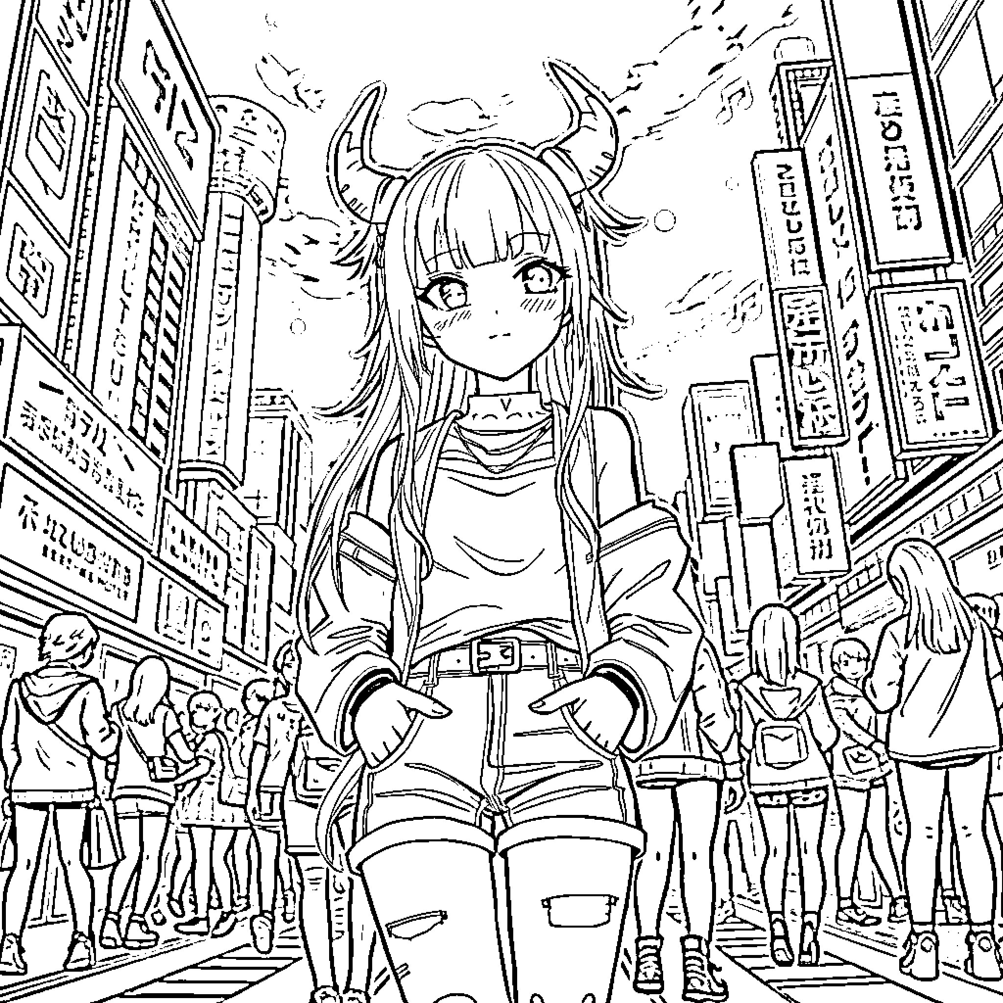 Rumi exploring the bustling city streets Coloring Page (free black-and-white line drawing printable PDF for all, from beginners to advanced learners, including children, teens, adults, and seniors)