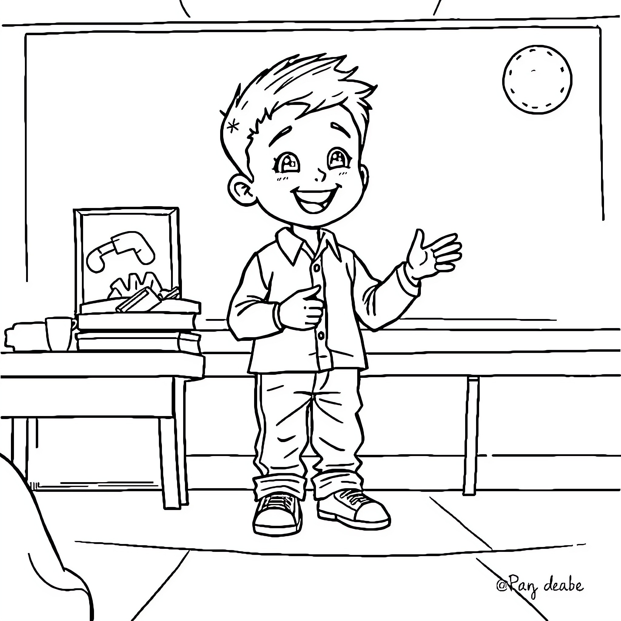 Child happily presenting at desk Coloring Page (free black-and-white line drawing printable PDF for all, from beginners to advanced learners, including children, teens, adults, and seniors)