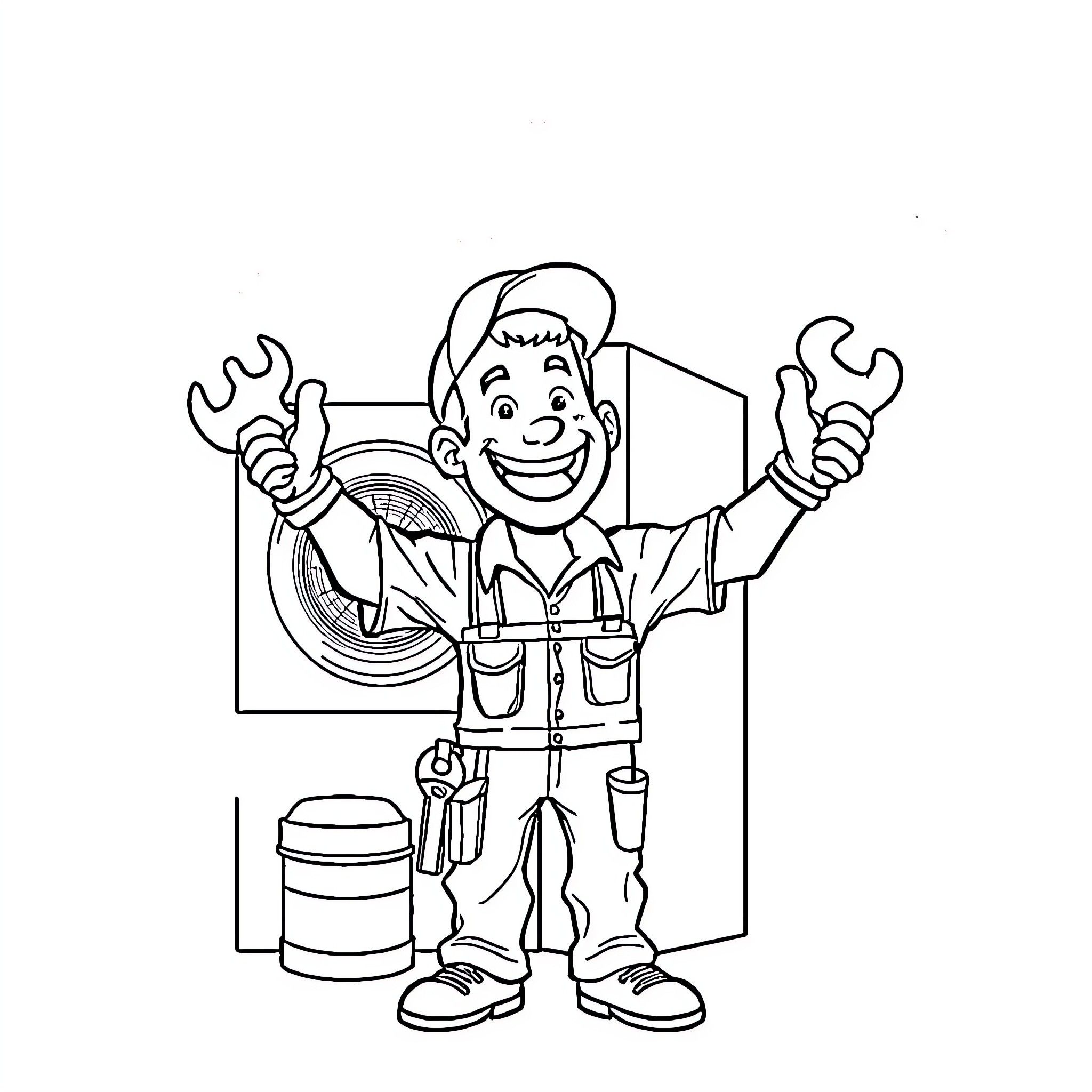 Repairman happily working with tools Coloring Page (free black-and-white line drawing printable PDF for all, from beginners to advanced learners, including children, teens, adults, and seniors)