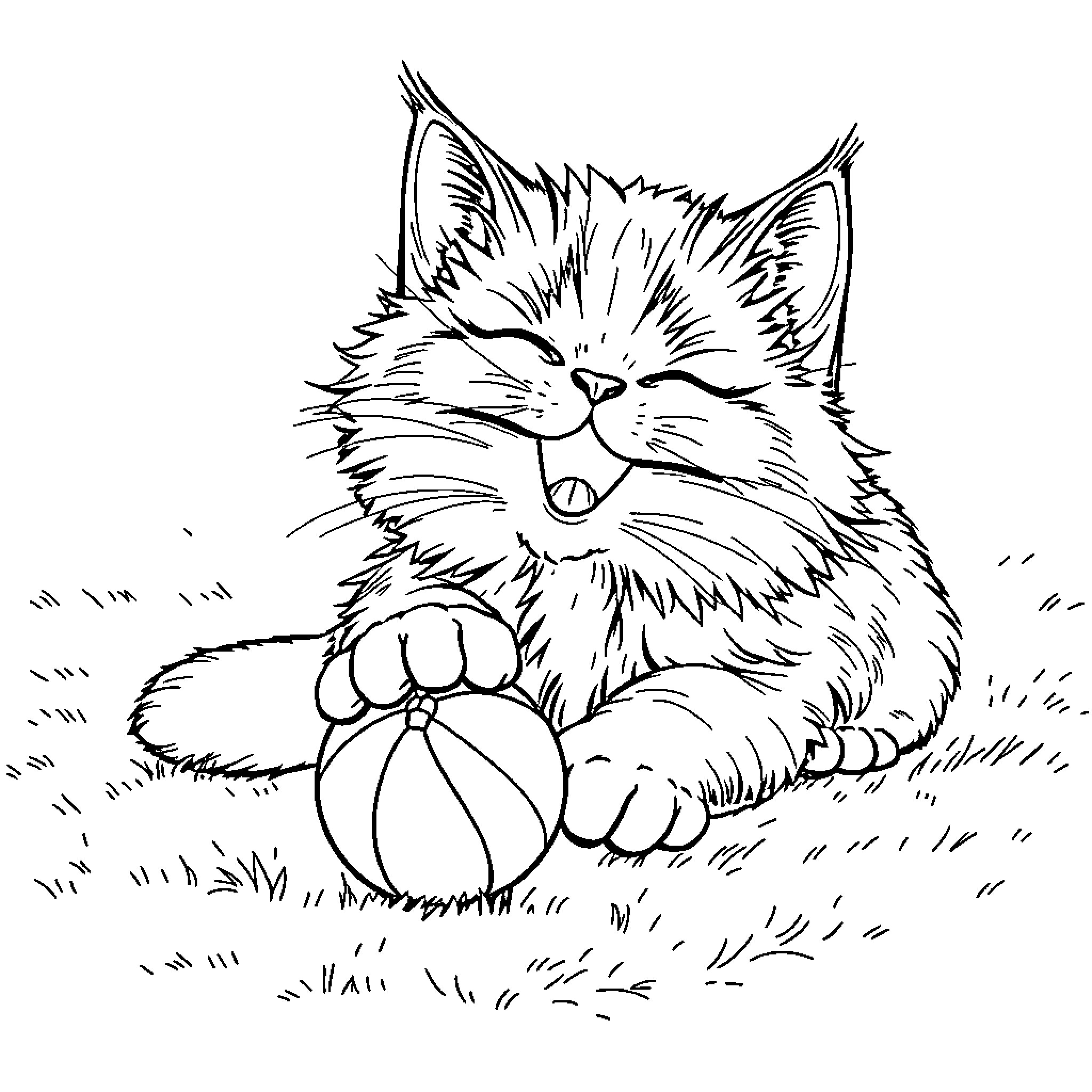 Cat enjoying a playful moment with a ball Coloring Page (free black-and-white line drawing printable PDF for all, from beginners to advanced learners, including children, teens, adults, and seniors)