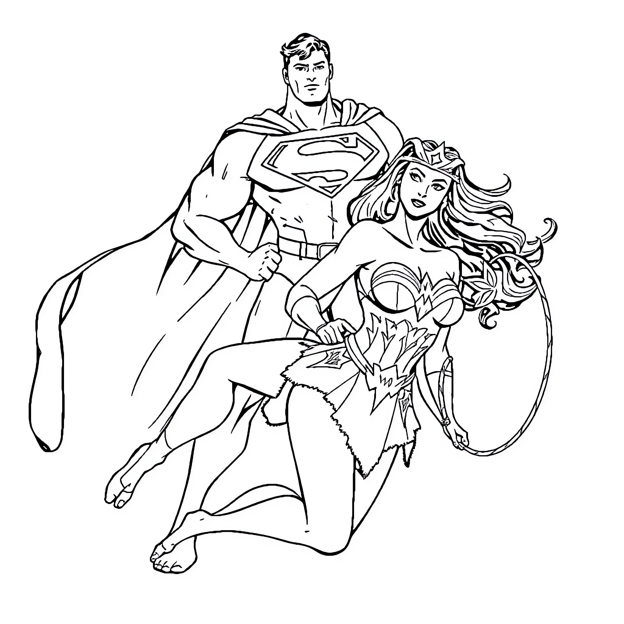 Superman and Wonder Woman in action poses Coloring Page (free black-and-white line drawing printable PDF for all, from beginners to advanced learners, including children, teens, adults, and seniors)