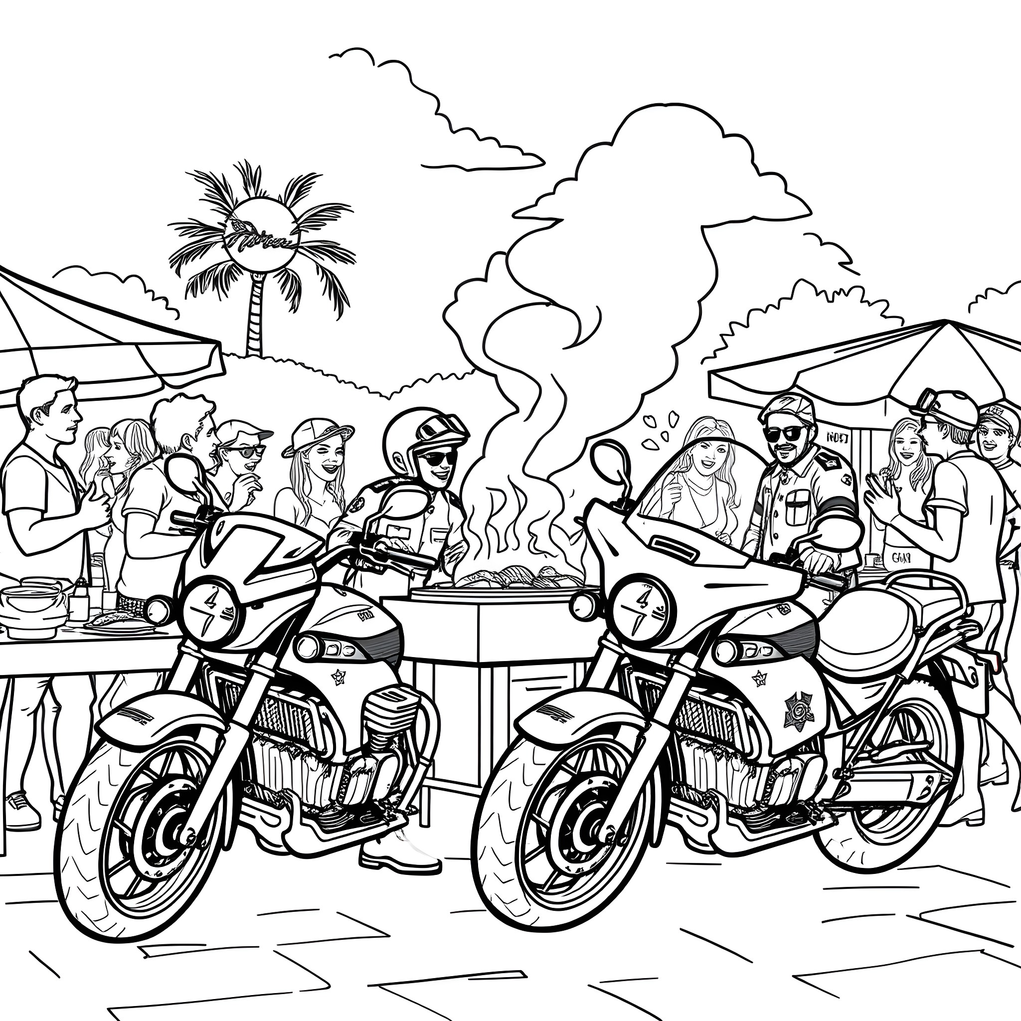 Police Motorcycle Officers Patrolling a Busy Beach Scene Coloring Page (free black-and-white line drawing printable PDF for all, from beginners to advanced learners, including children, teens, adults, and seniors)