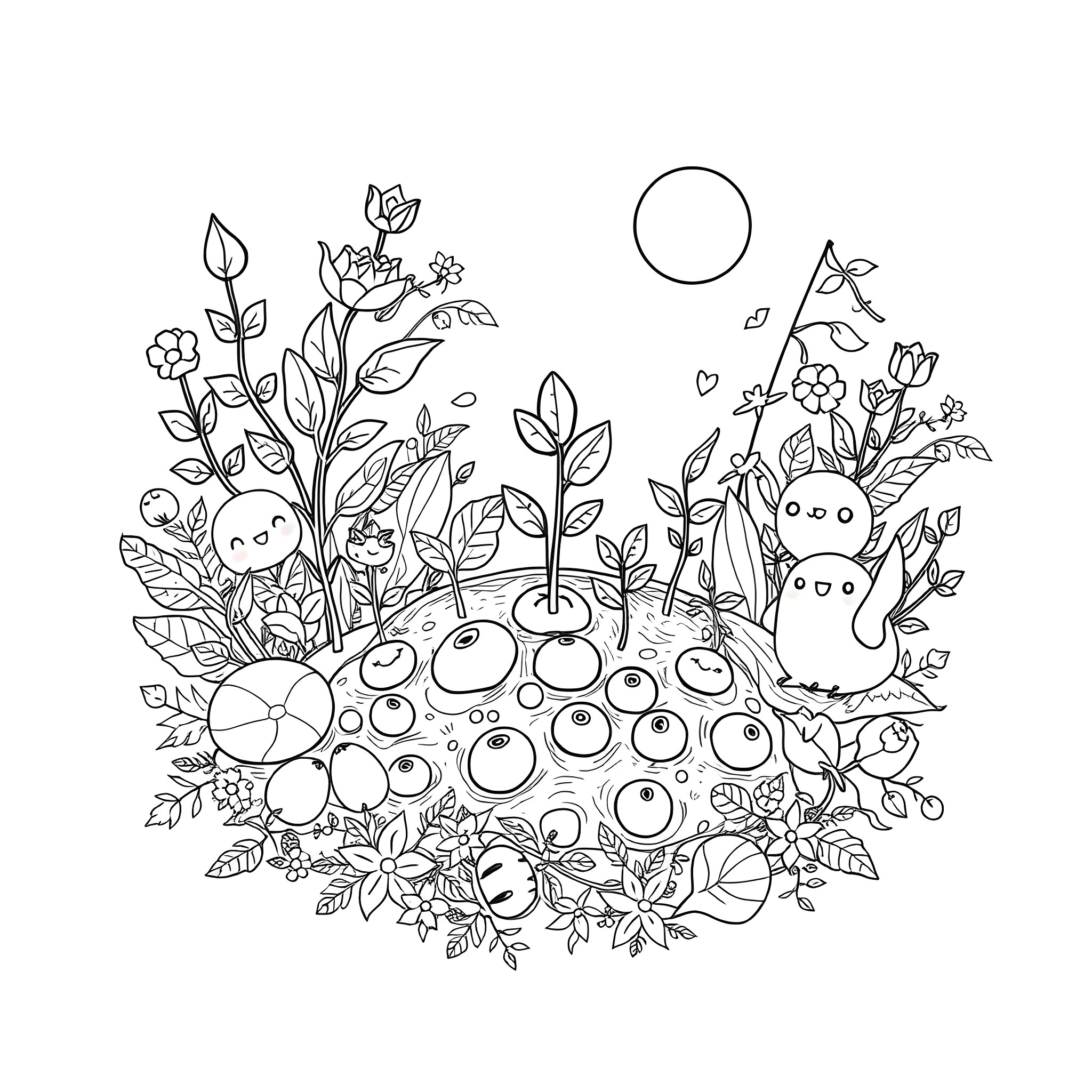 Seed of Enchanted Forest Creatures Coloring Page (free black-and-white line drawing printable PDF for all, from beginners to advanced learners, including children, teens, adults, and seniors)
