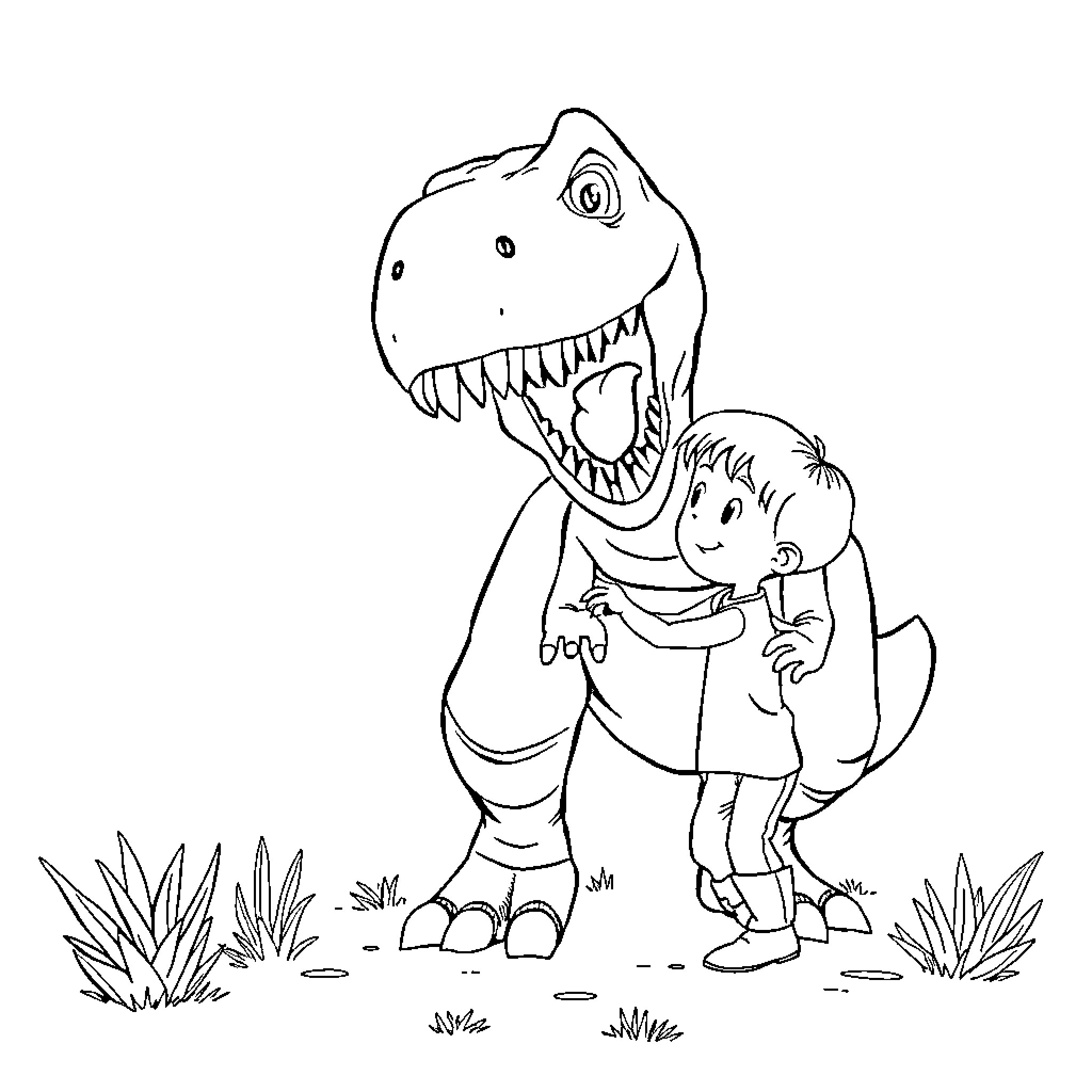 Niño exploring dinosaur in the wilderness Coloring Page (free black-and-white line drawing printable PDF for all, from beginners to advanced learners, including children, teens, adults, and seniors)